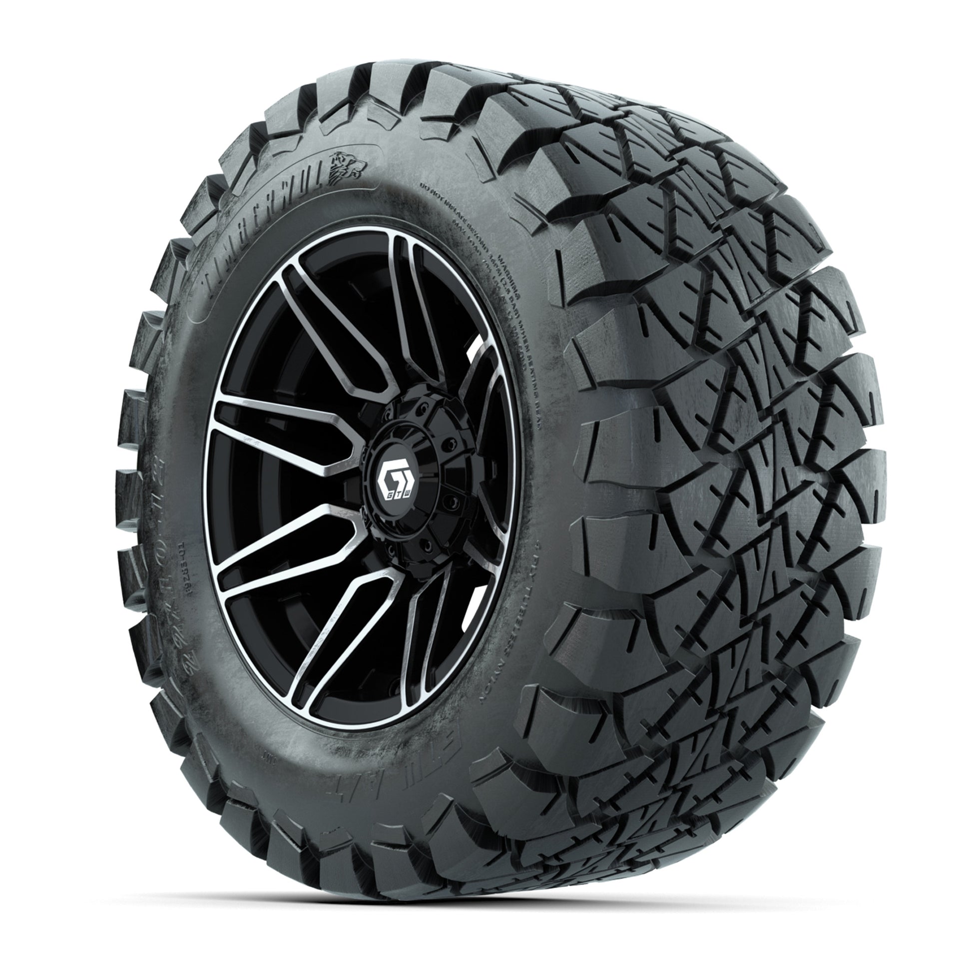 GTW® Stealth Black/Machined 12 in Wheels with 22x10-12 Timberwolf All-Terrain Tires – Full Set