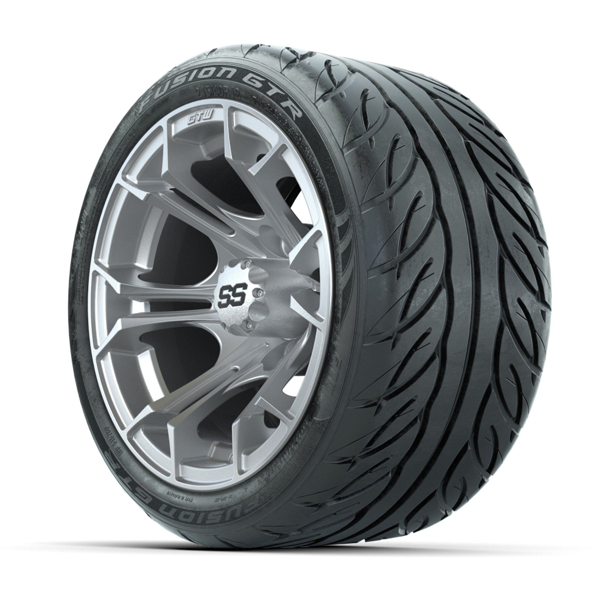 GTW® Spyder Silver Brush 12 in Wheels with 215/40-R12 Fusion GTR Steel Belt Radial Street Tires – Full Set