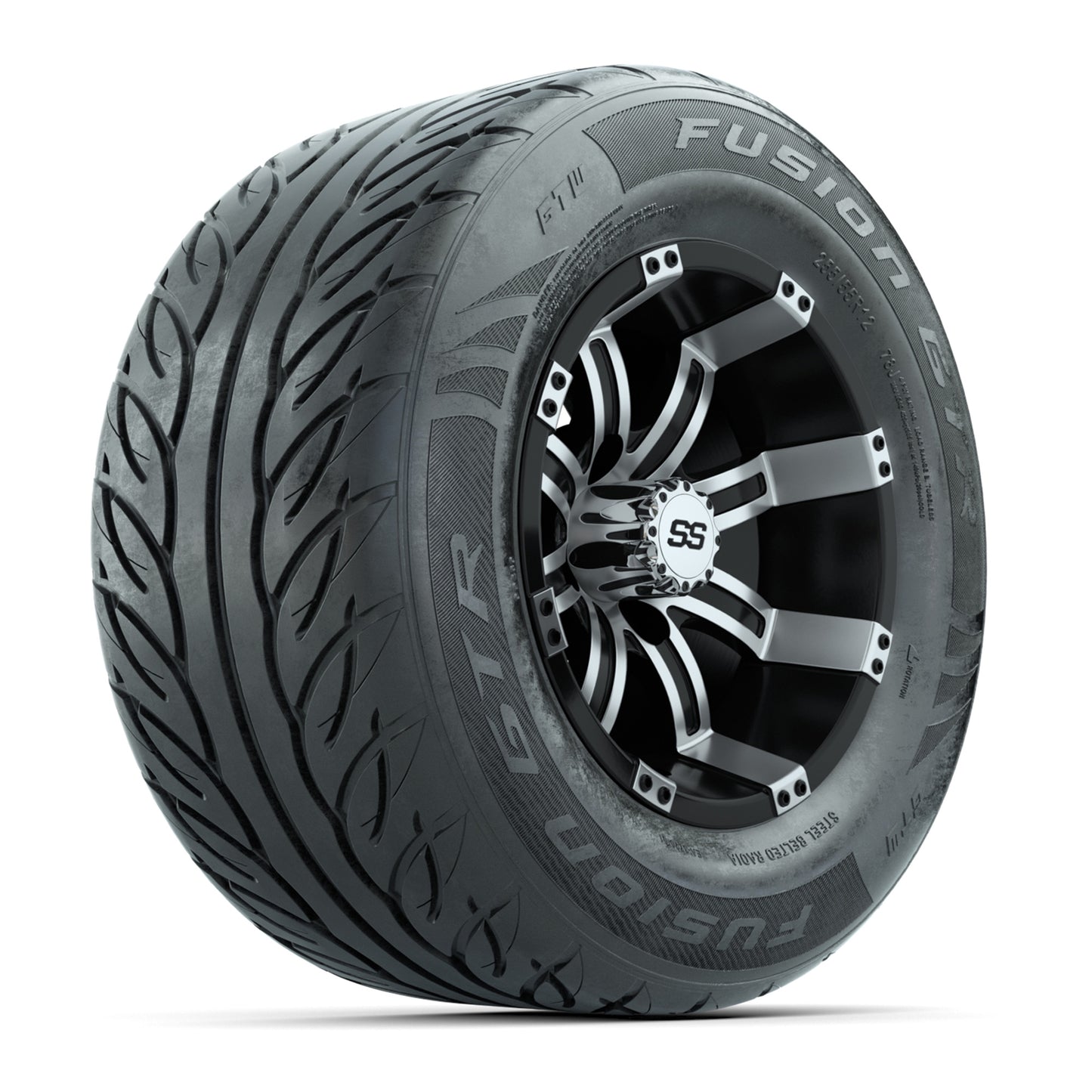 GTW® Tempest Black/Machined 12 in Wheels with 255/55-R12 Fusion GTR Steel Belt Radial Street Tires - Full Set