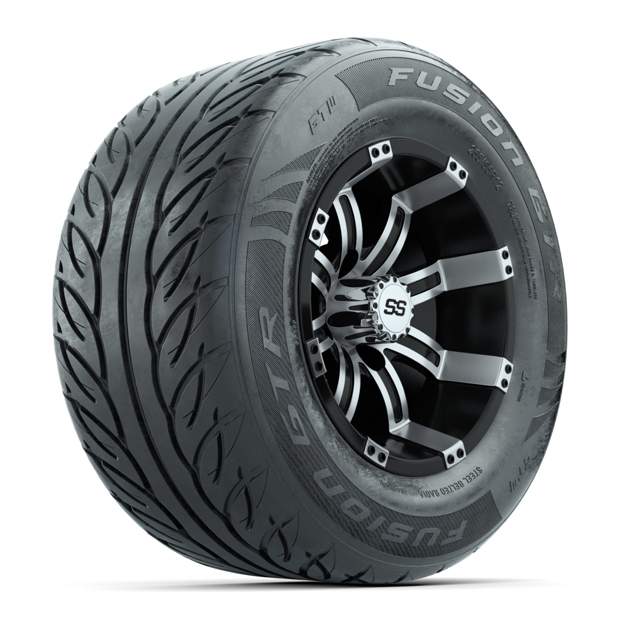 GTW® Tempest Black/Machined 12 in Wheels with 255/55-R12 Fusion GTR Steel Belt Radial Street Tires - Full Set