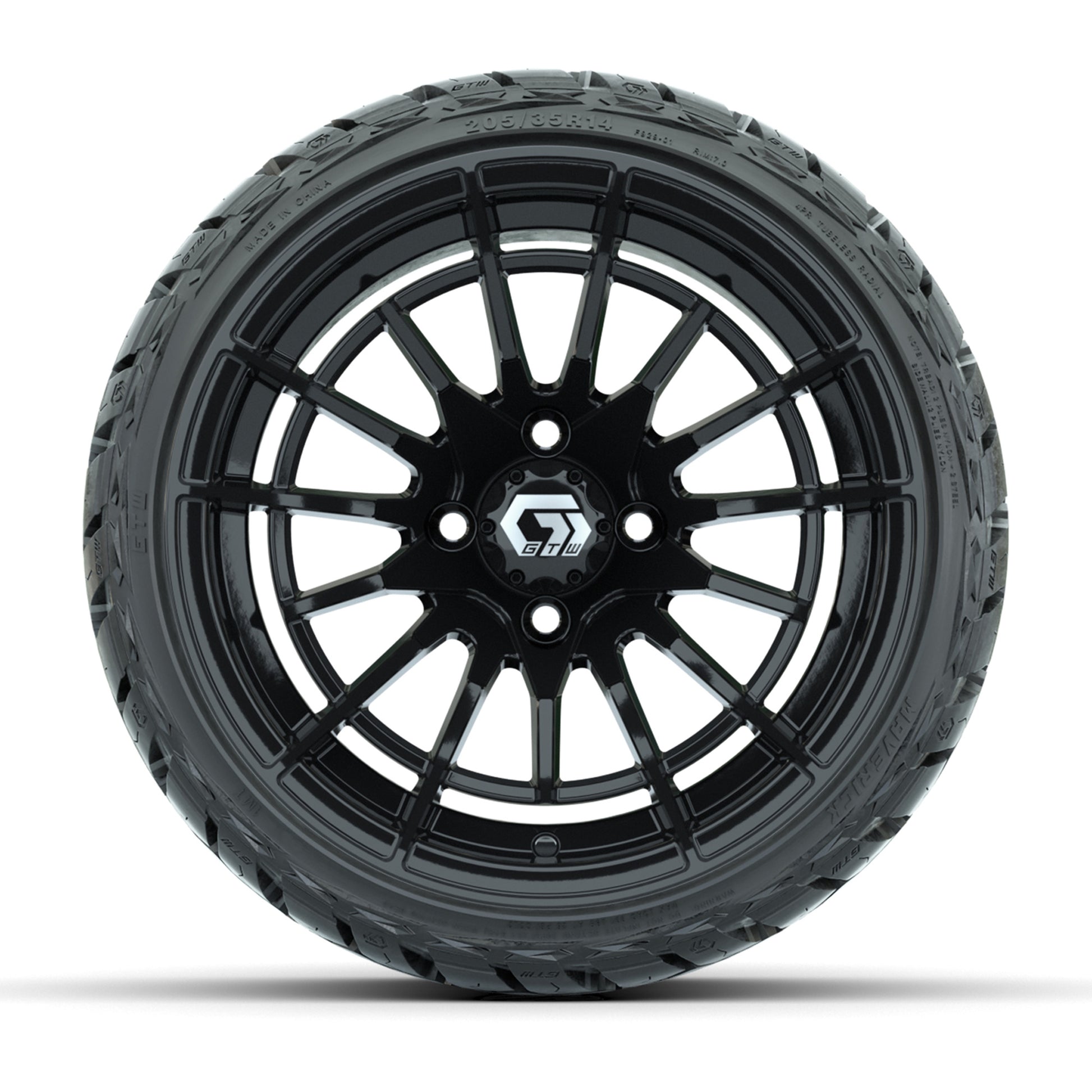 GTW Boost Gloss Black 14 in Wheels with 205/35-R14 Maverick Low-Profile All-Terrain Tires – Full Set