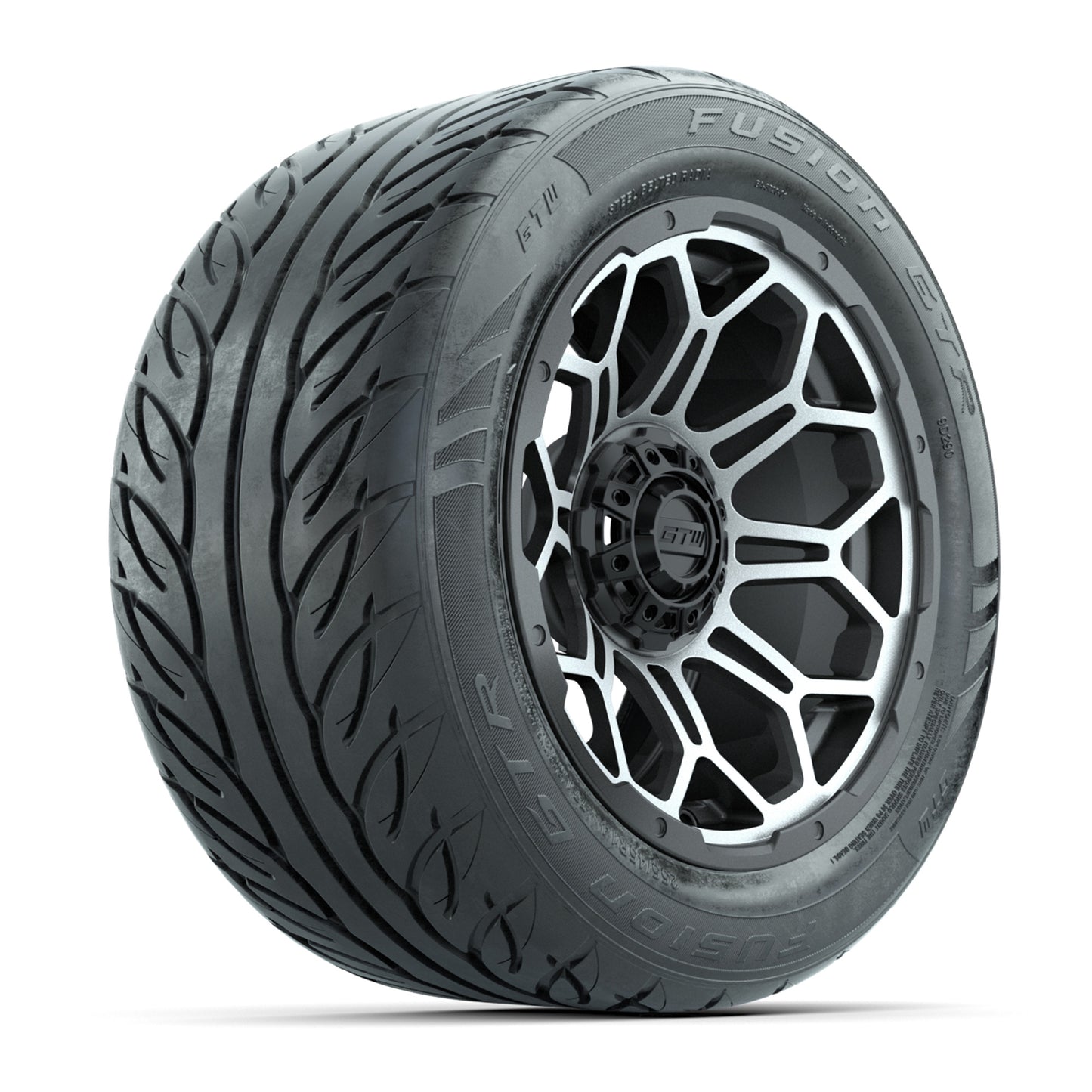 GTW® Bravo Matte Gray/Machined 14 in Wheels with 255/45-R14 Fusion GTR Steel Belt Radial Street Tires – Full Set
