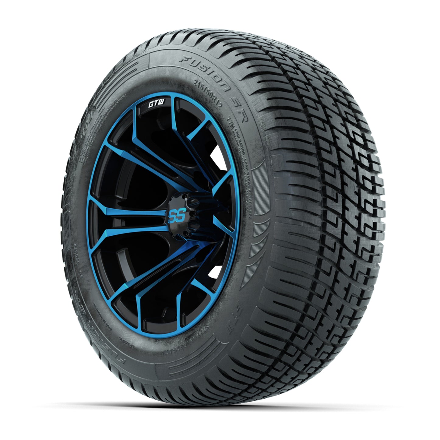 GTW Spyder Blue/Black 12 in Wheels with 215/50-R12 Fusion S/R Street Tires – Full Set