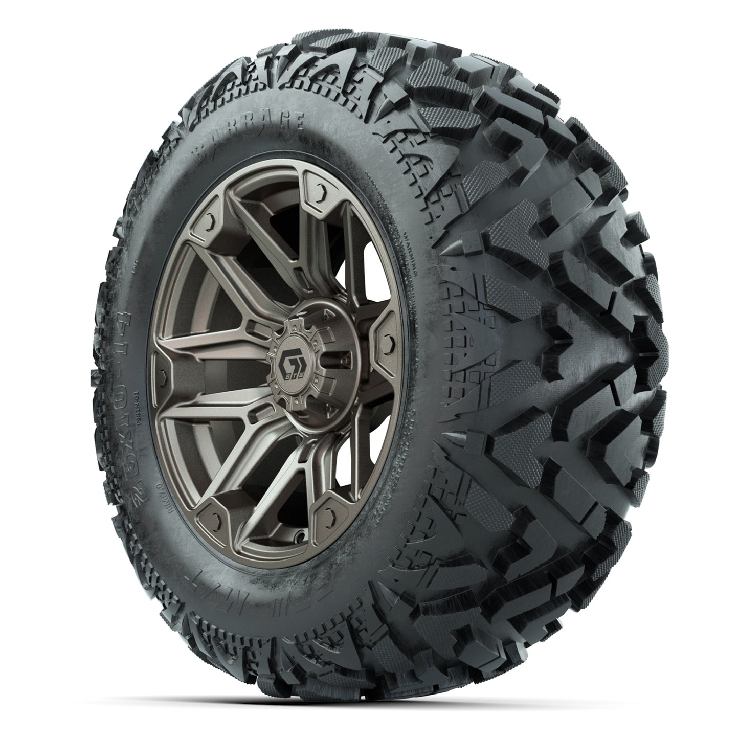 GTW Graffiti Bronze/Black 14 in Wheels with 25x10-14 Barrage Mud Tires – Full Set
