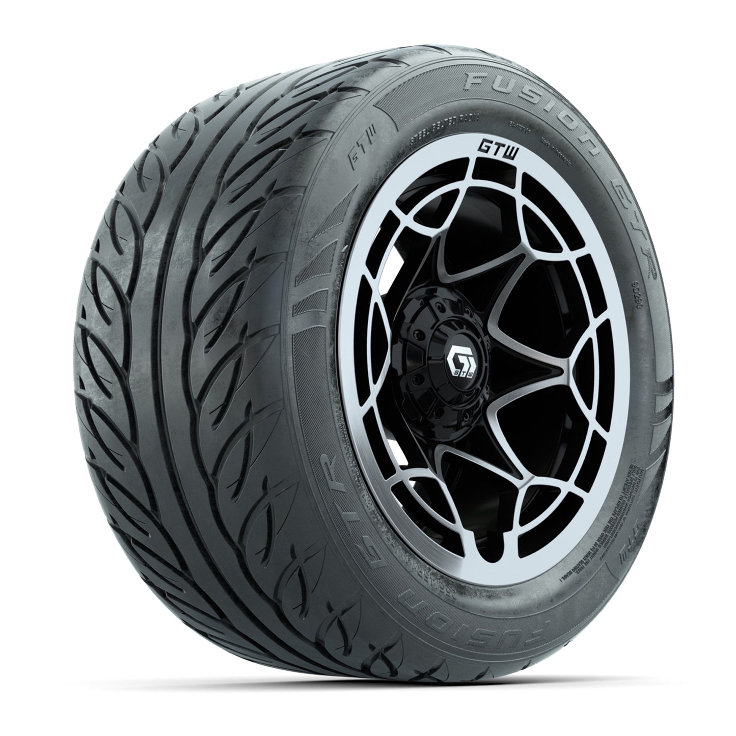 GTW® Nexus Black with Silver Face 14 in Wheels with 255/45-R14 Fusion GTR Steel Belt Radial Street Tires – Full Set
