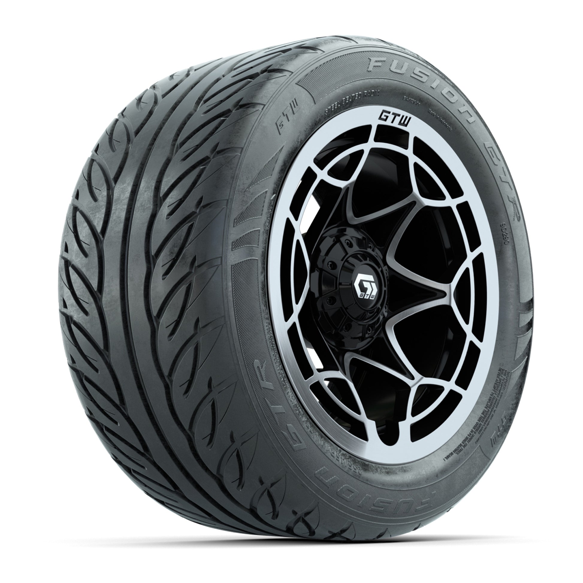 GTW® Nexus Black with Silver Face 14 in Wheels with 255/45-R14 Fusion GTR Steel Belt Radial Street Tires – Full Set