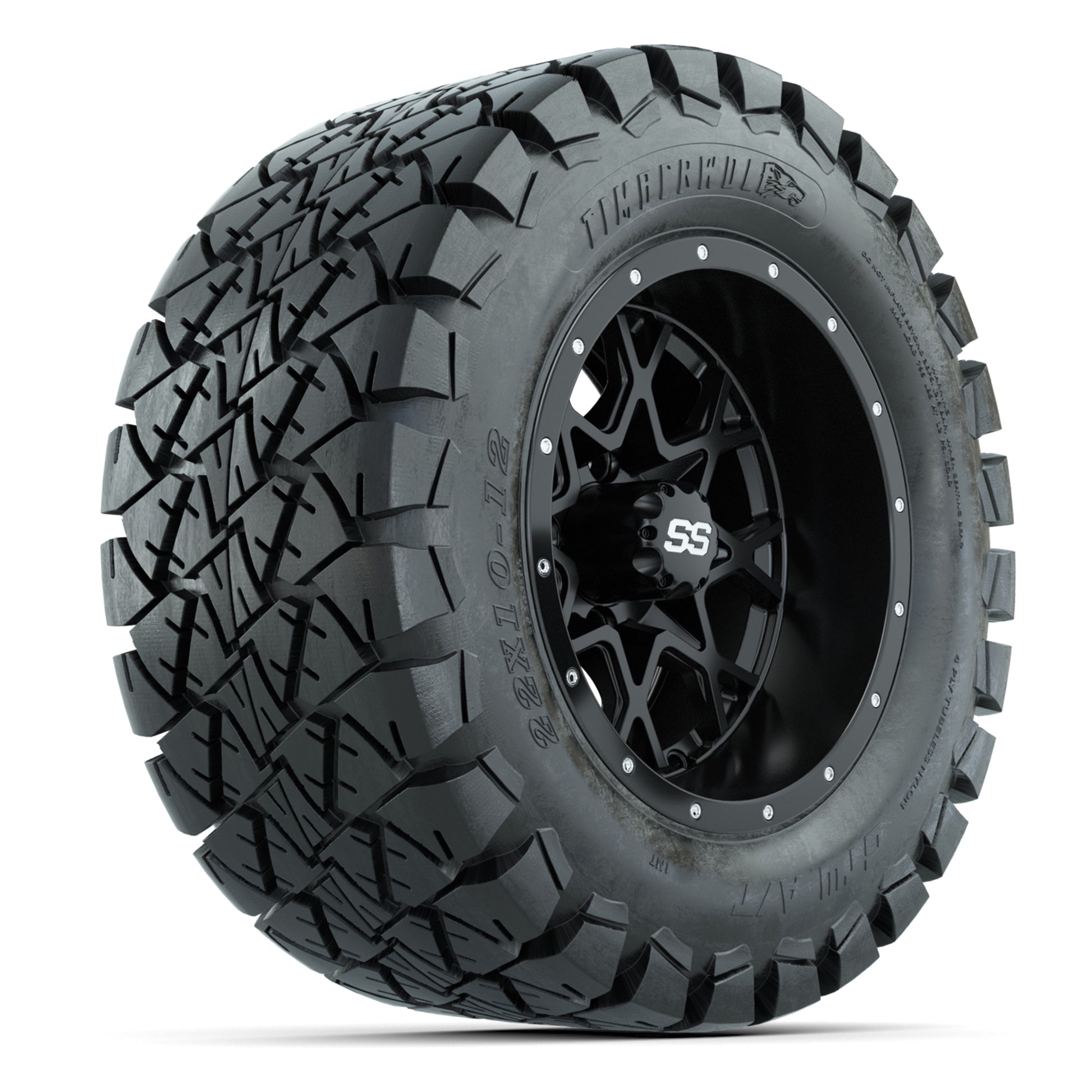 GTW® Vortex 2 Matte Black/Machined 12 in Wheels with 22X10-12 Timberwolf All-Terrain Tires – Full Set