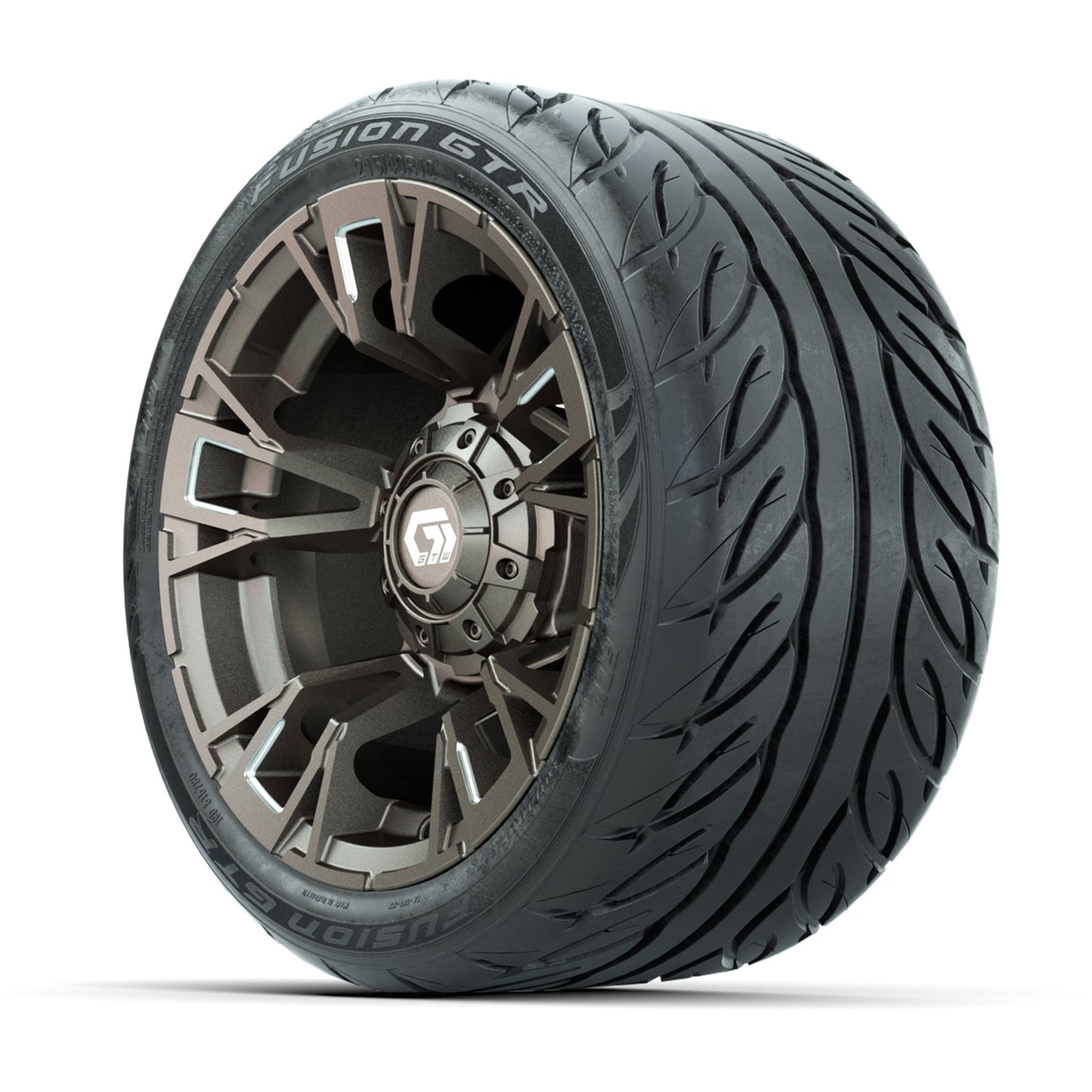 GTW® Vandal Bronze/Machined 12 in Wheels with 215/40-R12 Fusion GTR Steel Belt Radial Street Tires – Full Set