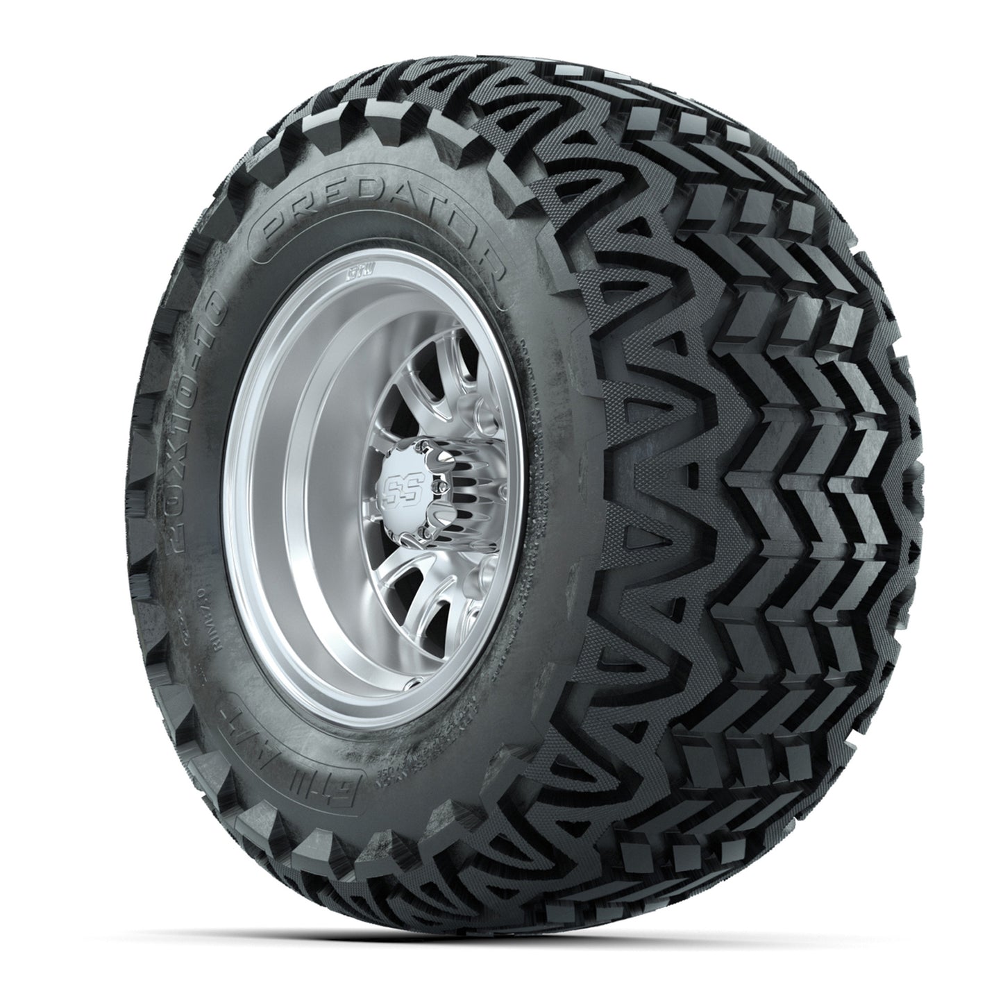 GTW Medusa Silver and Machined Wheels with 20in Predator A-T Tires - 10 Inch