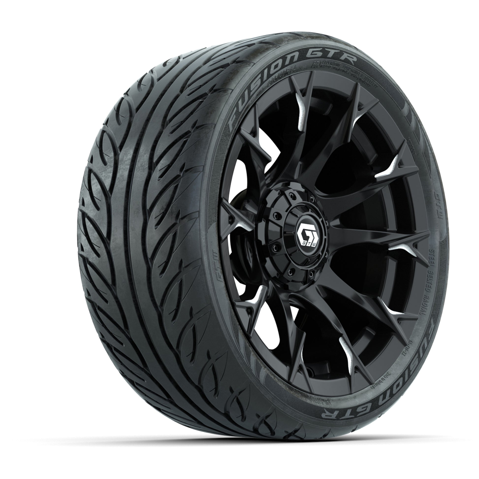 GTW® Diablo Gloss Black/Machined 14 in Wheels with 205/40-R14 Fusion GTR Steel Belted Street Tires – Full Set