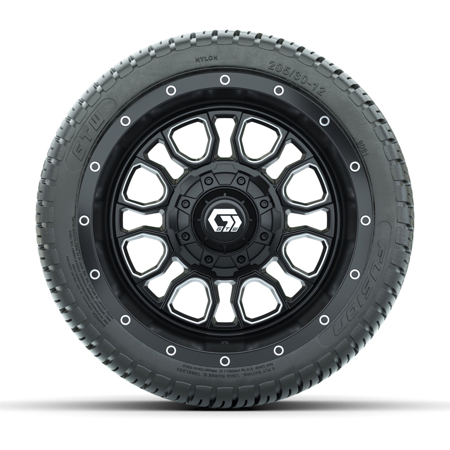 GTW® Volt Black/Machined 12 in Wheels with 205/30-12 Fusion Street Tires – Full Set