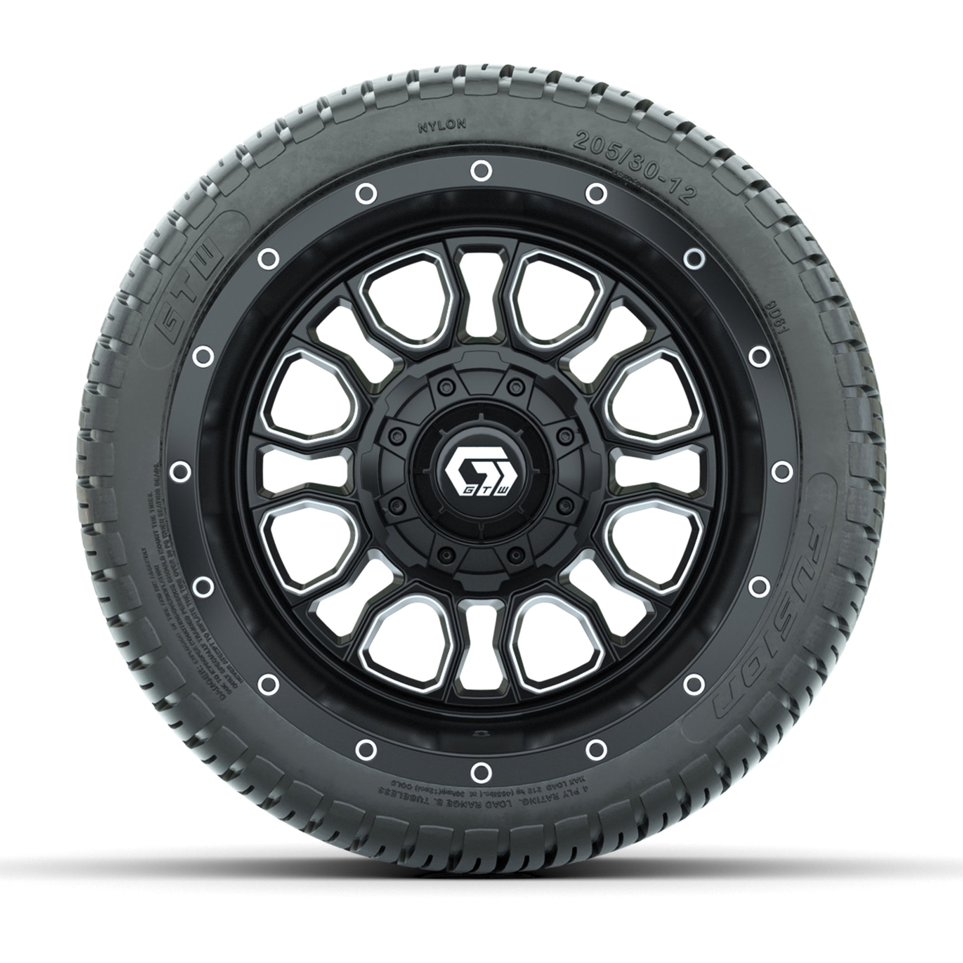 GTW® Volt Black/Machined 12 in Wheels with 205/30-12 Fusion Street Tires – Full Set