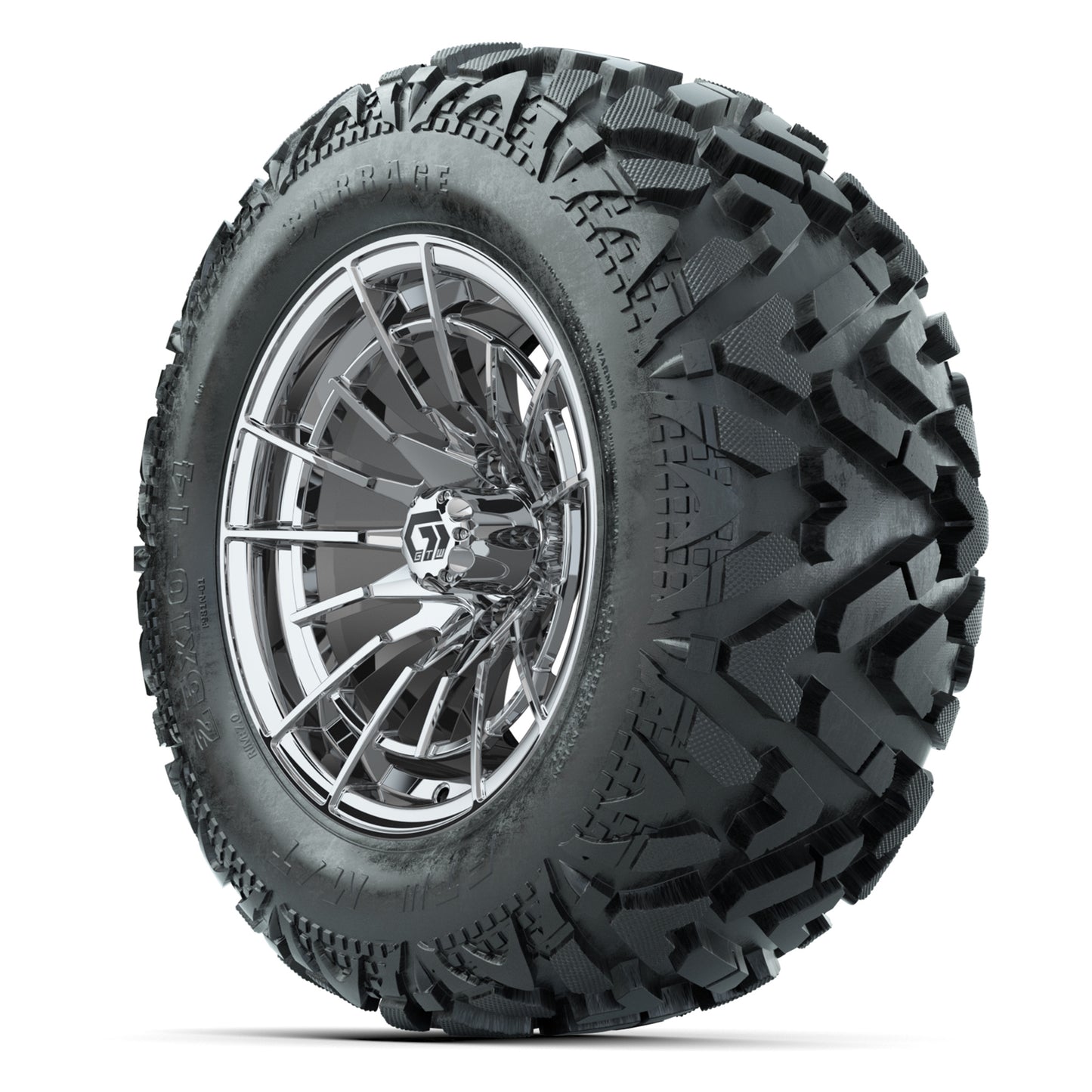 GTW Boost Chrome 14 in Wheels with 25x10-14 Barrage Mud Tires – Full Set
