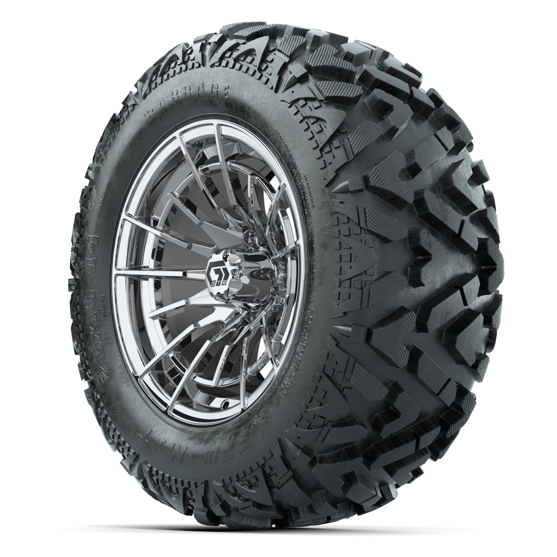 GTW Boost Chrome 14 in Wheels with 25x10-14 Barrage Mud Tires – Full Set