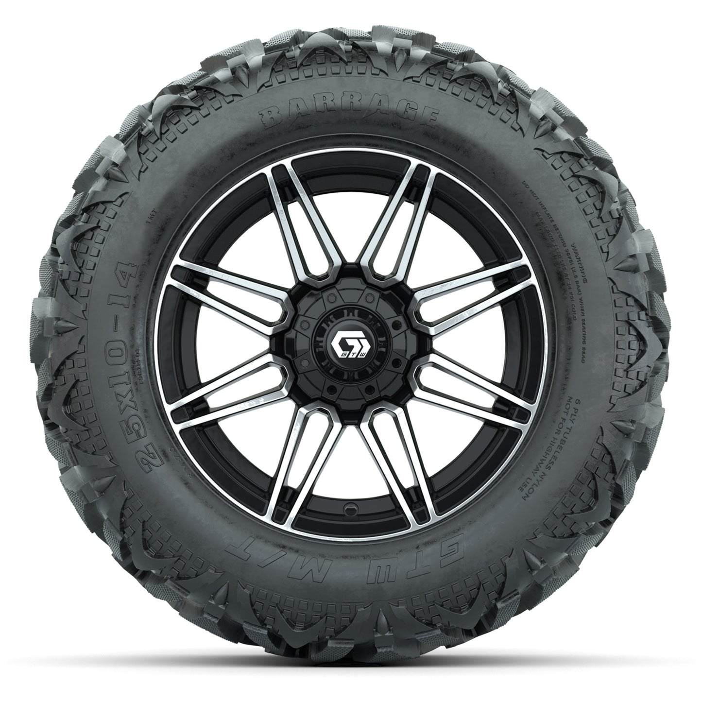 GTW Stealth Black/Machined 14 in Wheels with 25x10-14 Barrage Mud Tires – Full Set