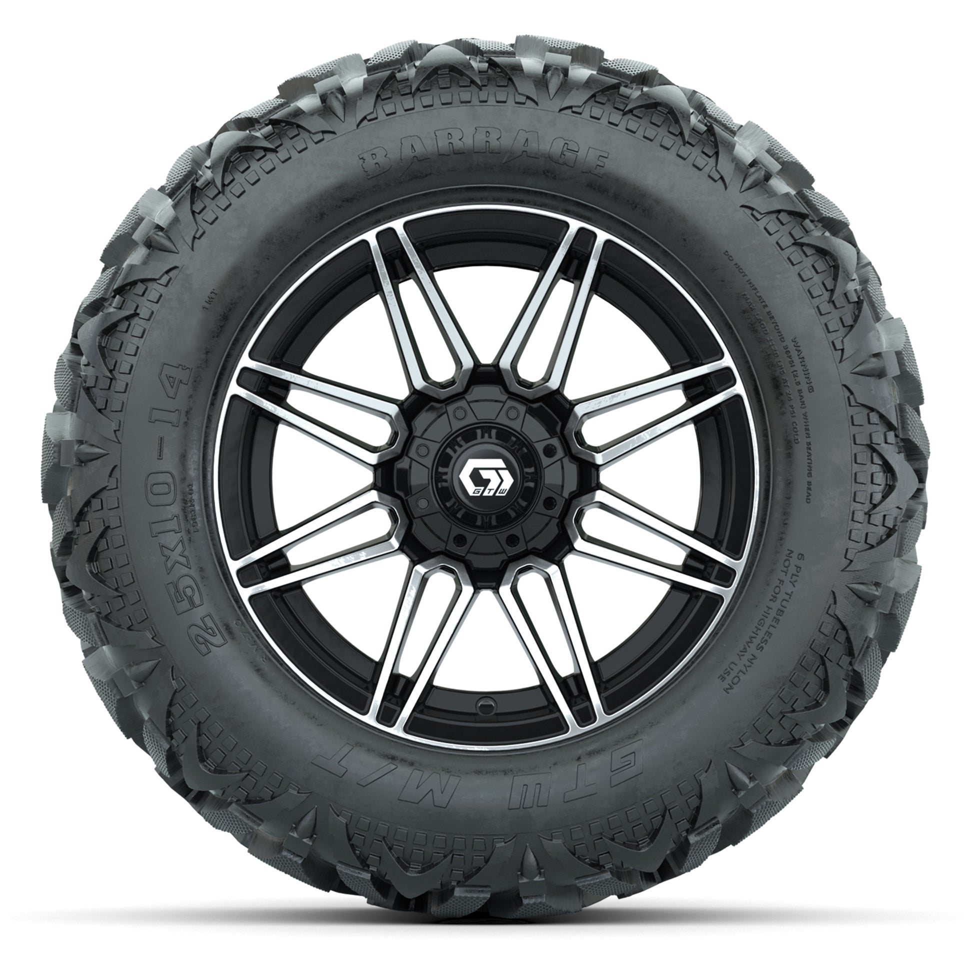 GTW Stealth Black/Machined 14 in Wheels with 25x10-14 Barrage Mud Tires – Full Set