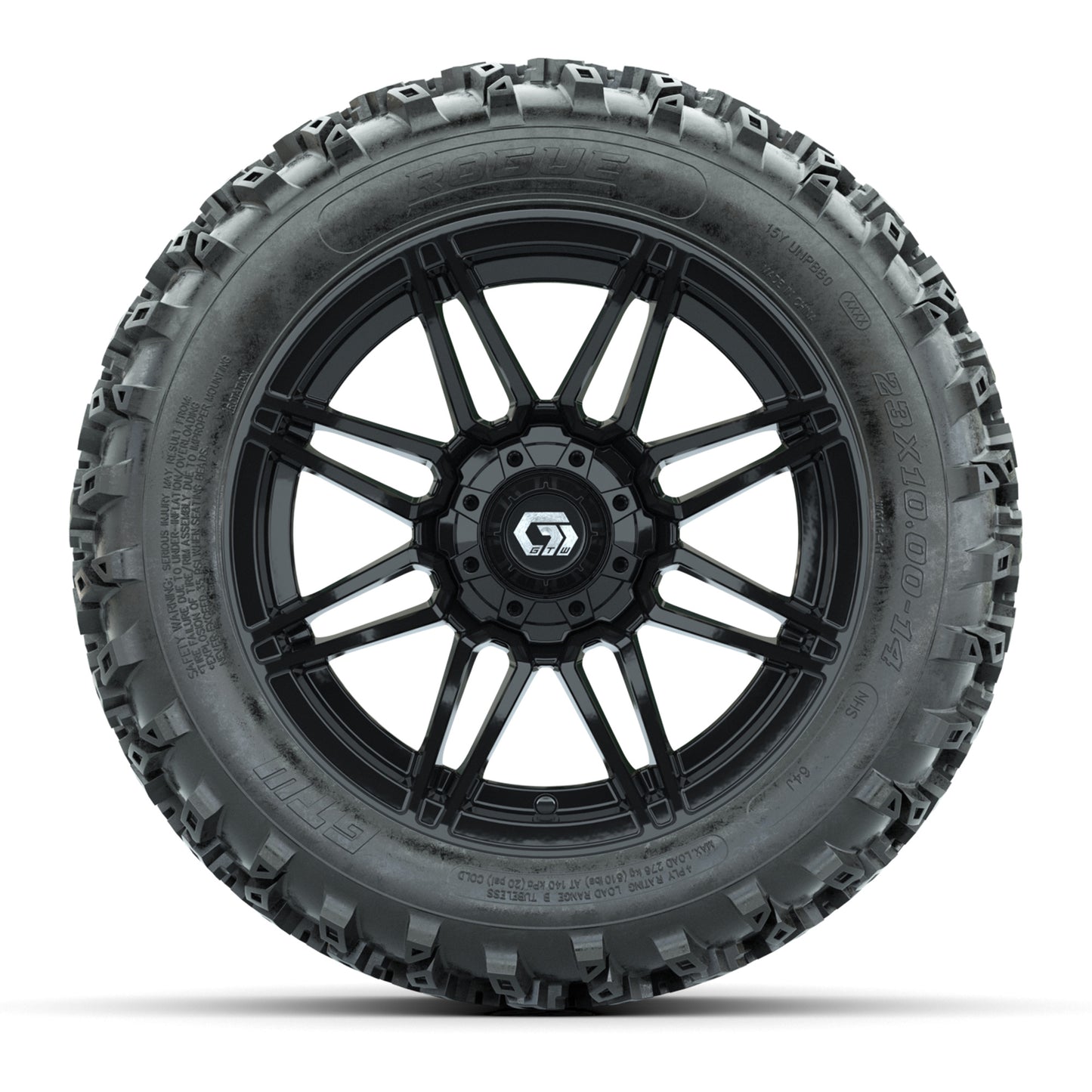 GTW® Stealth Gloss Black 14 in Wheels with 23X10-14 Rogue All-Terrain Tires – Full Set