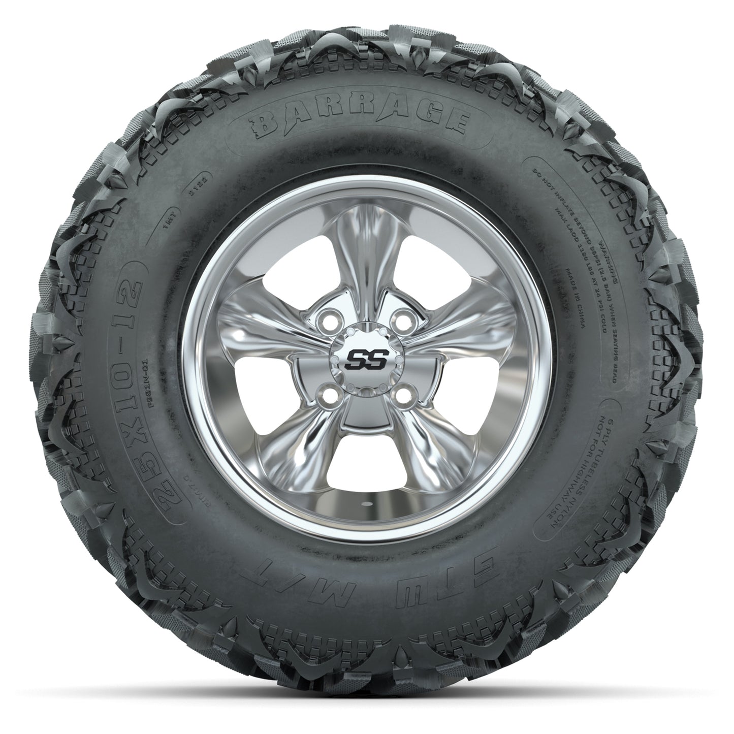 GTW® Godfather Chrome 12 in Wheels with 25X10-12 Barrage Mud Tires – Full Set