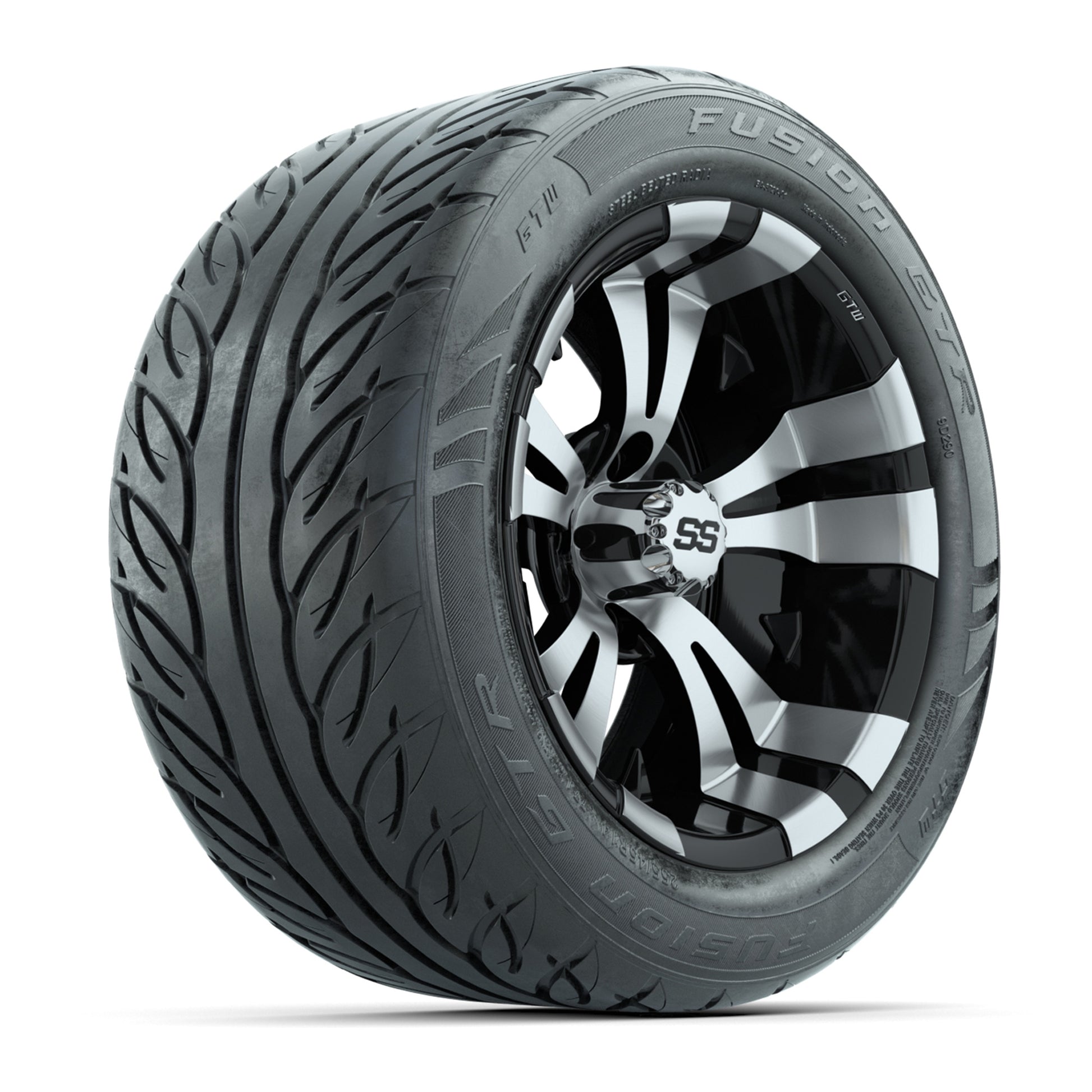 GTW® Vampire Black/Machined 14 in Wheels with 255/45-R14 Fusion GTR Steel Belt Radial Street Tires – Full Set