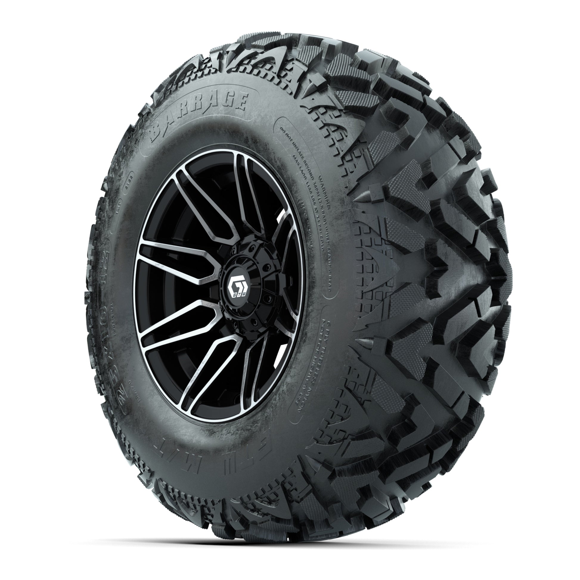 GTW® Stealth Black/Machined 12 in Wheels with 25X10-12 Barrage Mud Tires – Full Set