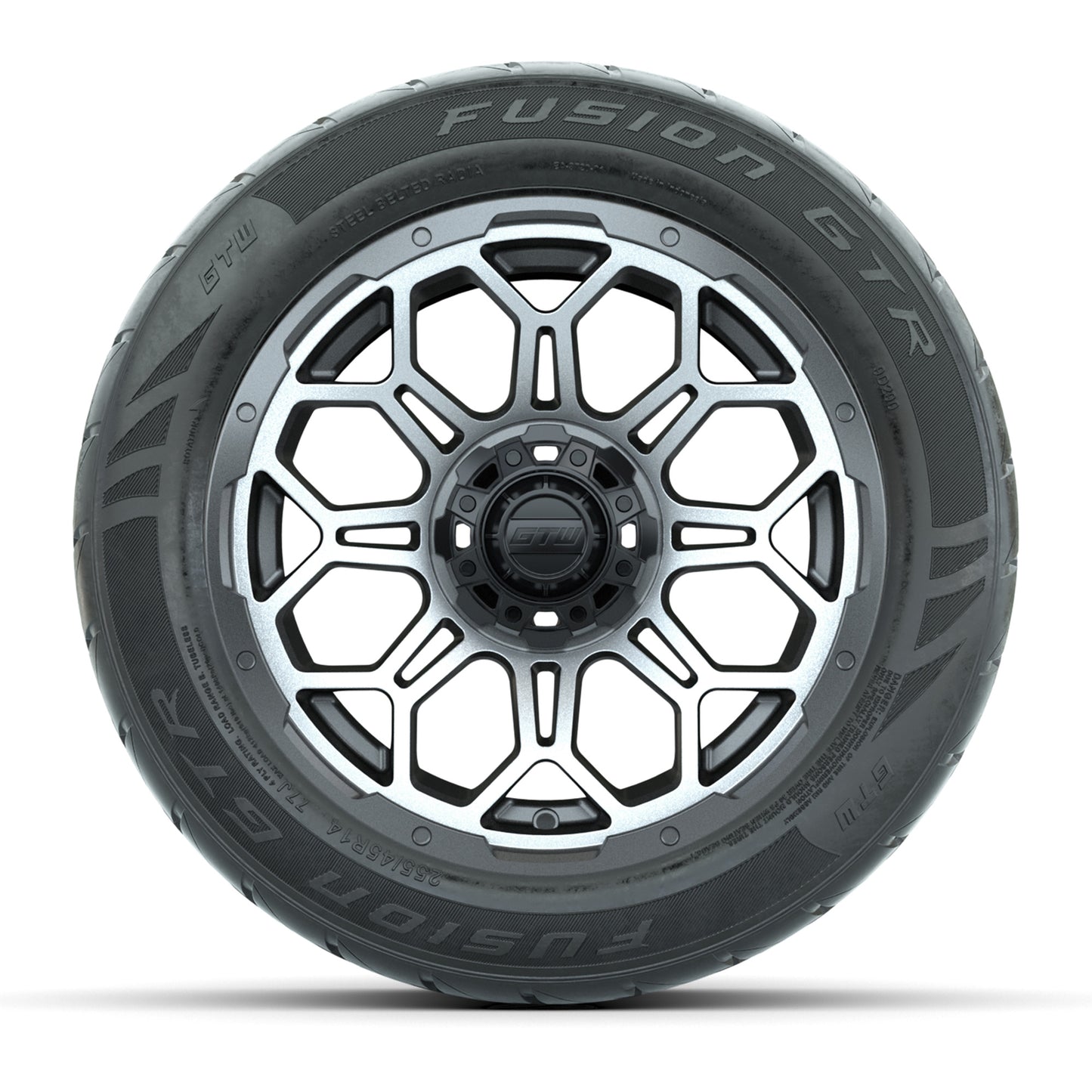 GTW® Bravo Matte Gray/Machined 14 in Wheels with 255/45-R14 Fusion GTR Steel Belt Radial Street Tires – Full Set