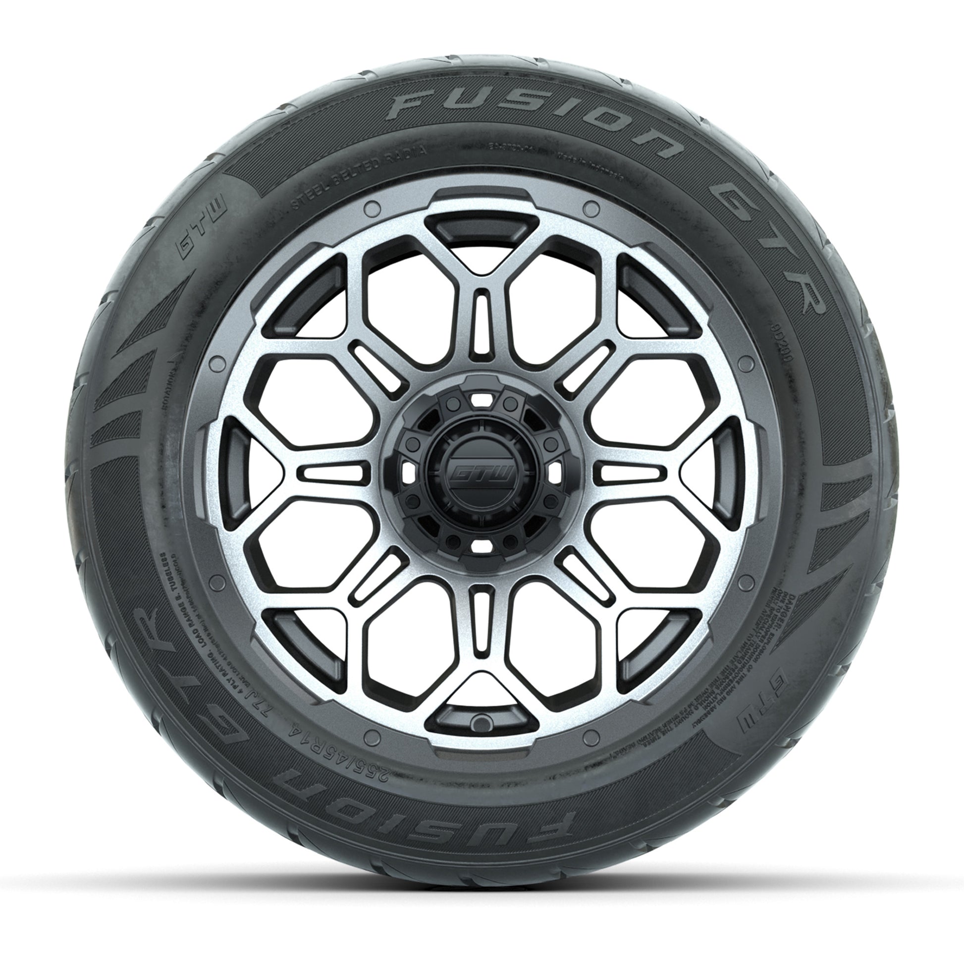 GTW® Bravo Matte Gray/Machined 14 in Wheels with 255/45-R14 Fusion GTR Steel Belt Radial Street Tires – Full Set