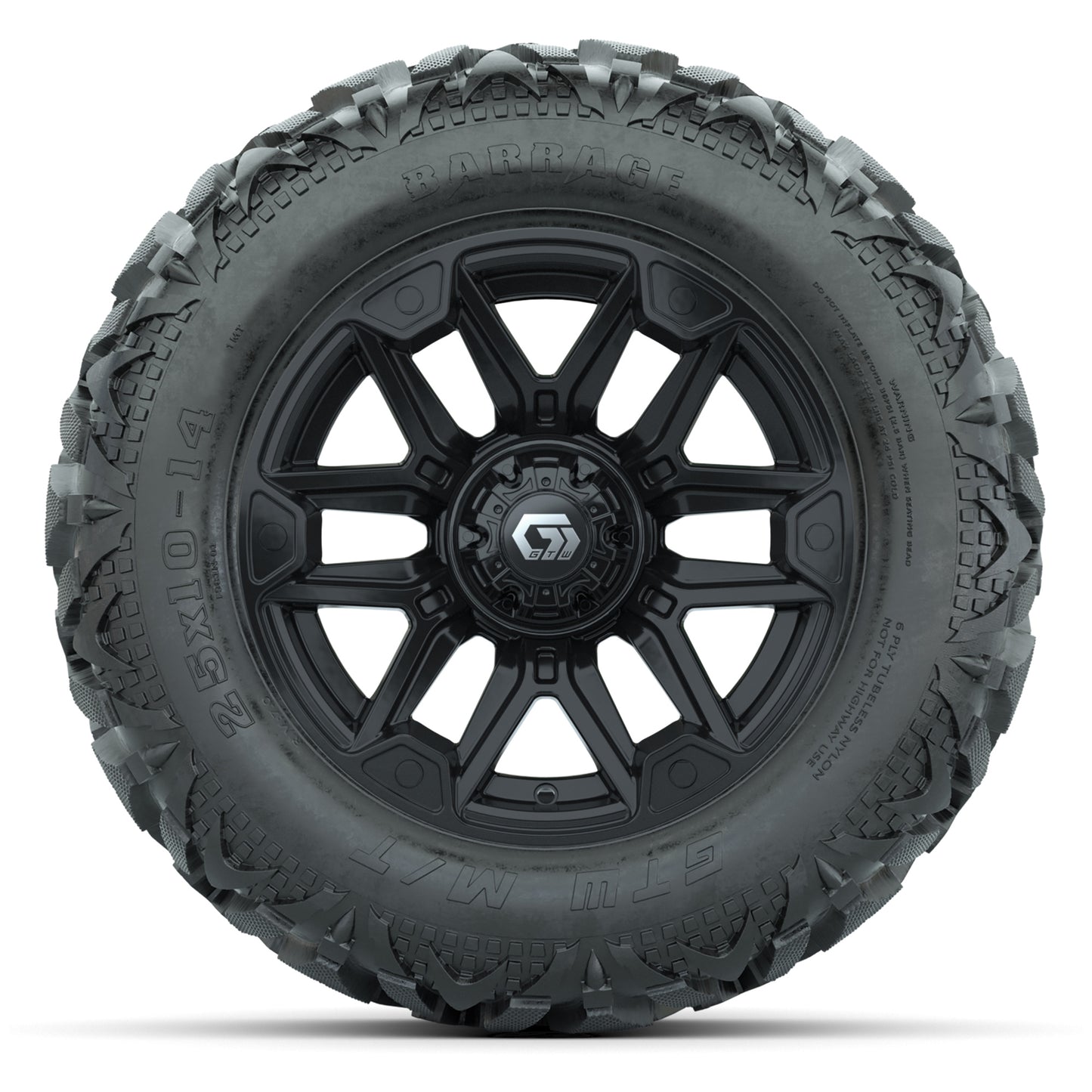 GTW Graffiti Gloss Black 14 in Wheels with 25x10-14 Barrage Mud Tires – Full Set