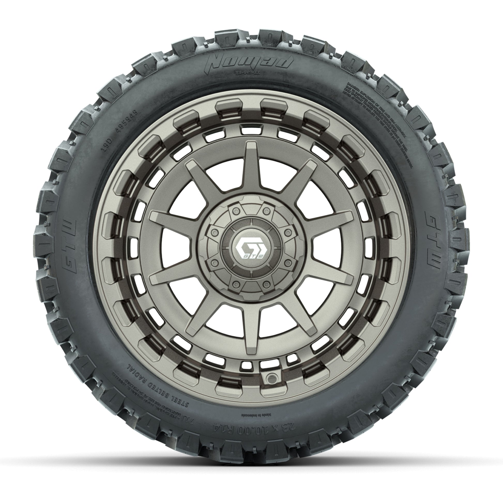 GTW® Barricade Bronze 14 in Wheels with 23X10-R14 Nomad Steel Belt Radial All-Terrain Tires – Full Set