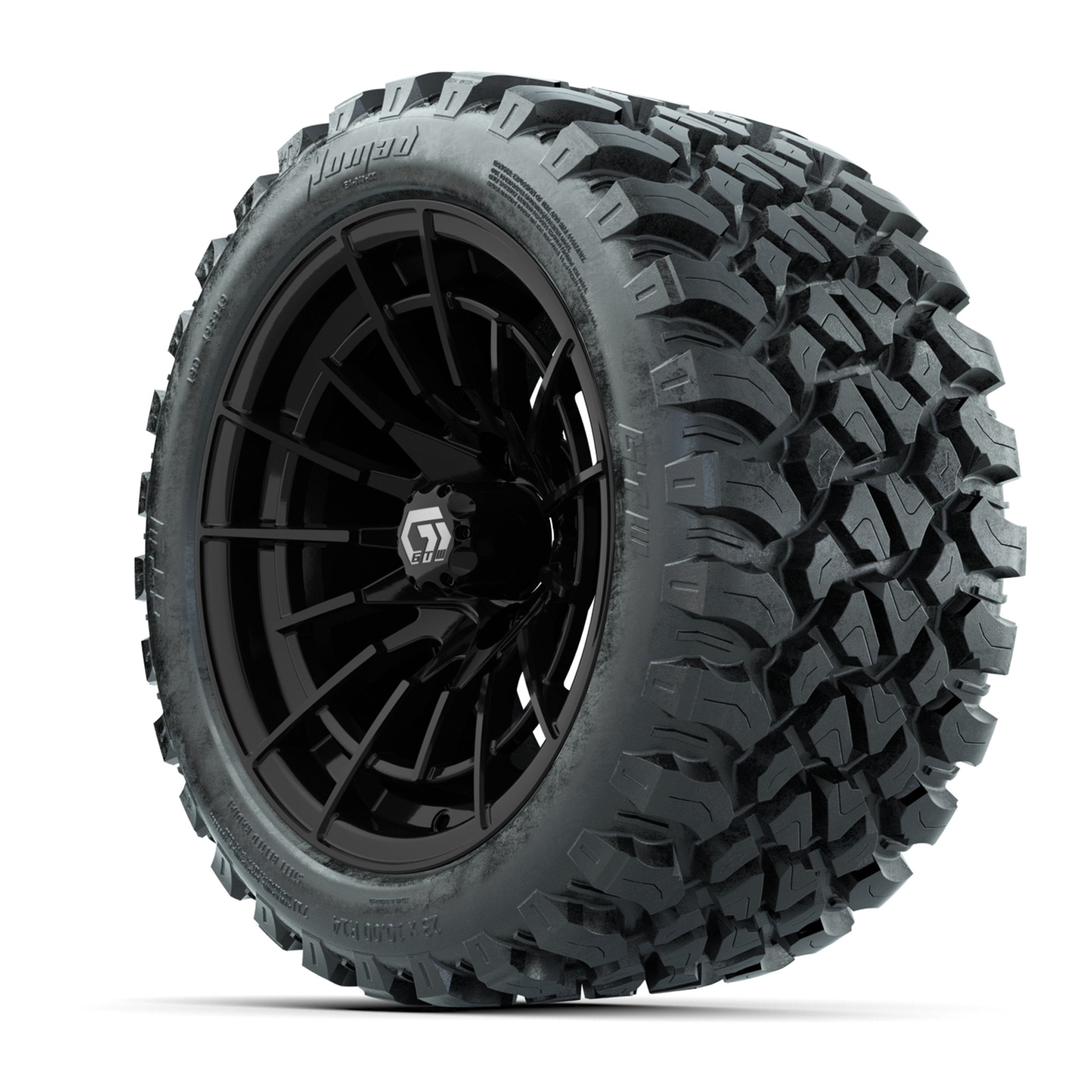 GTW® Boost Gloss Black 14 in Wheels with 23X10-R14 Nomad Steel Belt Radial All-Terrain Tires – Full Set
