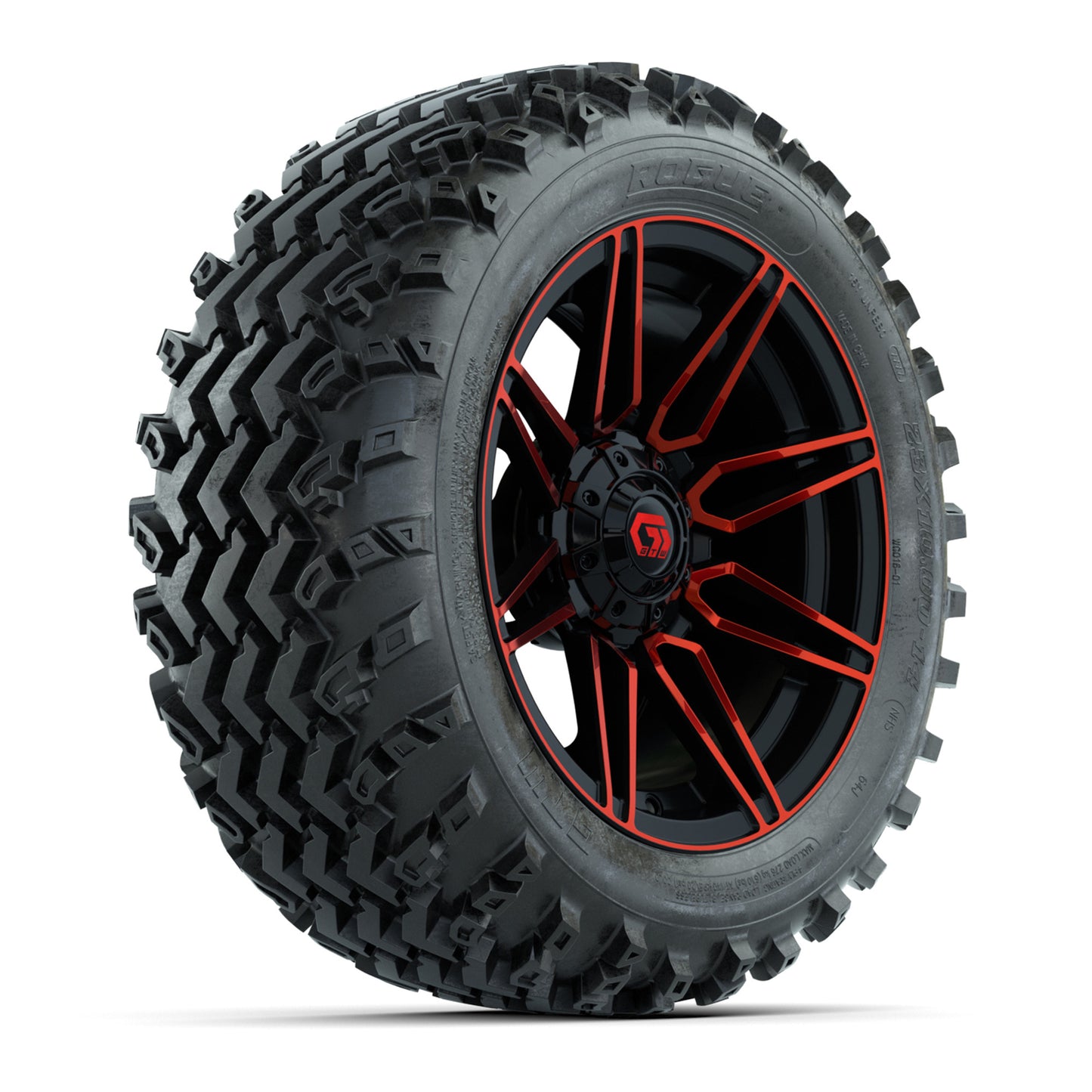 GTW® Stealth Red/Machined 14 in Wheels with 23X10-14 Rogue All-Terrain Tires – Full Set