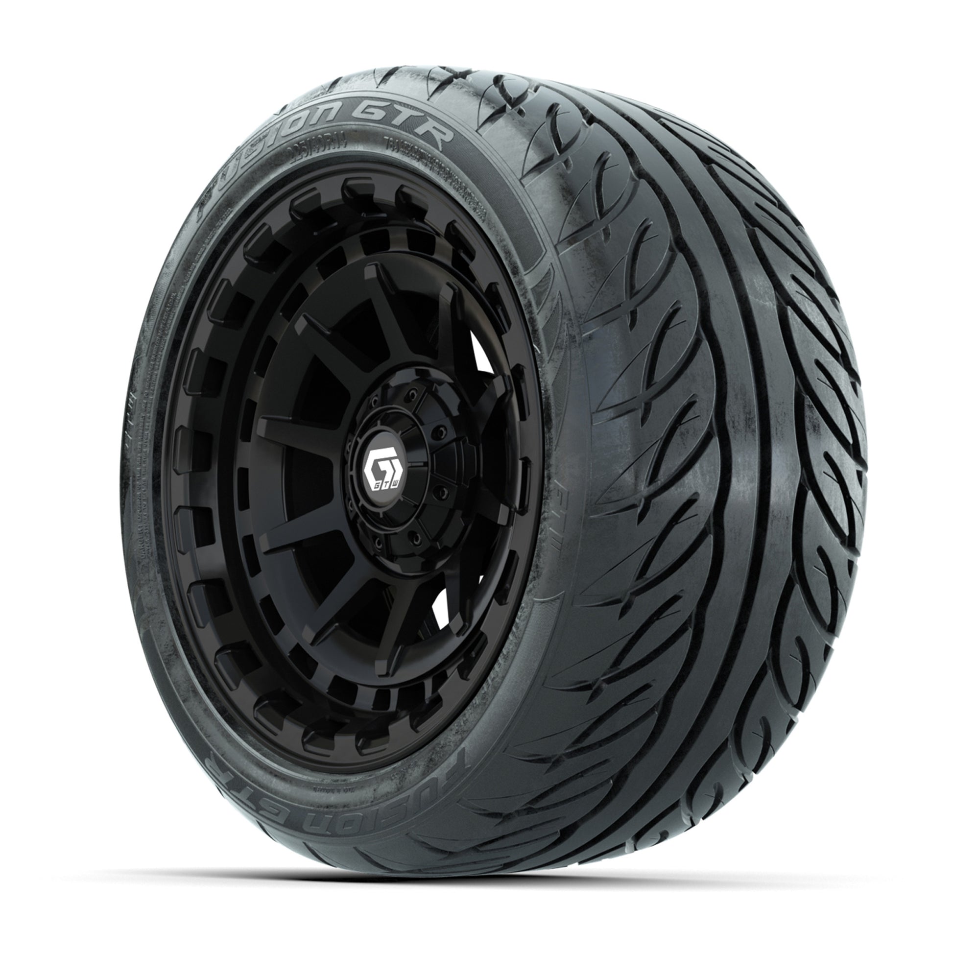GTW® Barricade Black 14 in Wheels with 225/40-R14 Fusion GTR Steel Belt Radial Street Tires – Full Set