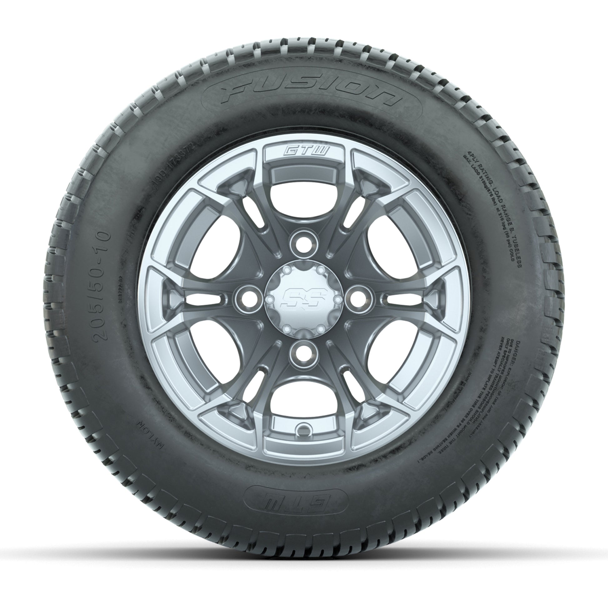 GTW Spyder Silver Brush 10 in Wheels with 205/50-10 Fusion Street Tires – Full Set