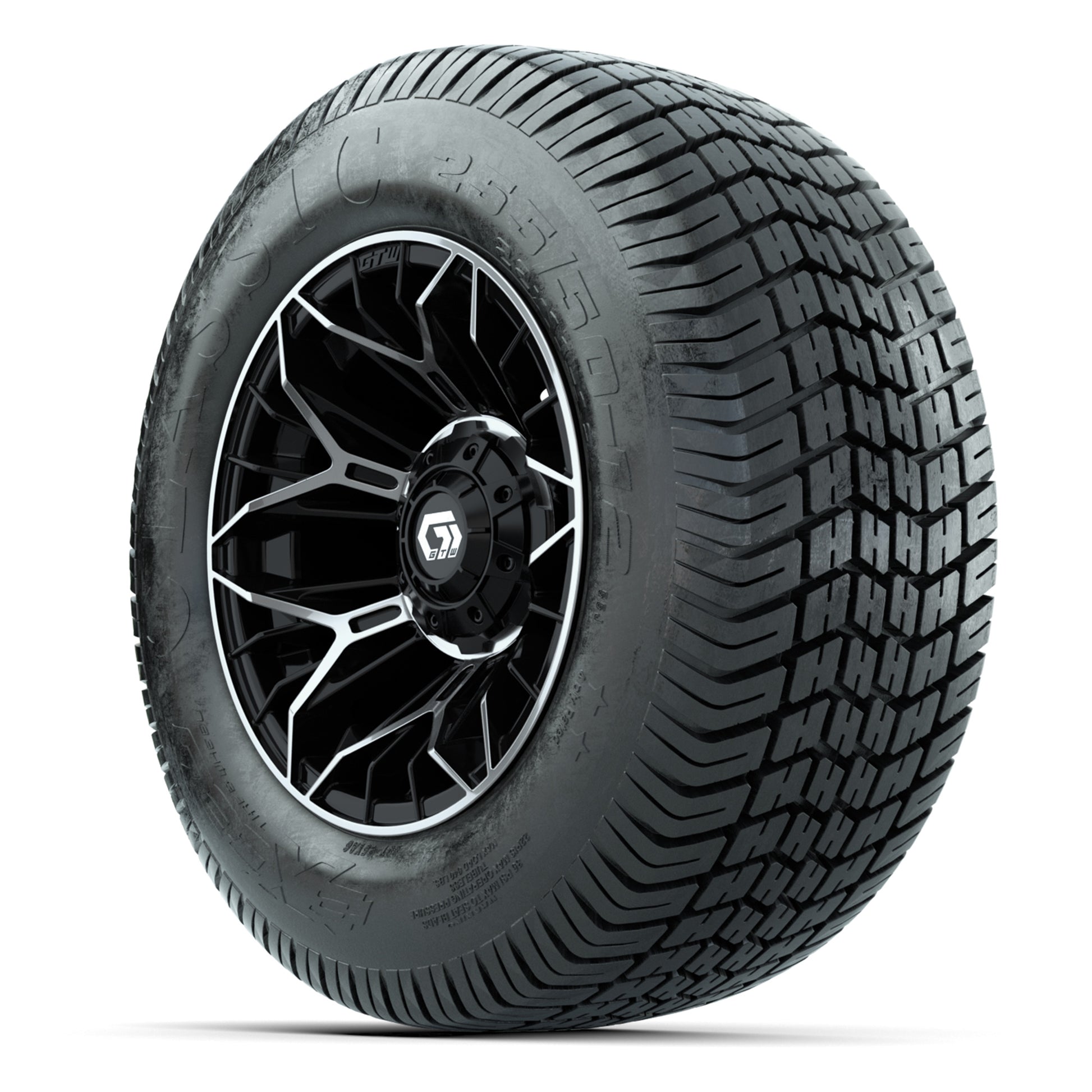 GTW® Stellar Black/Machined 12 in Wheels with 255/50-12 Excel Classic Street Tires – Full Set