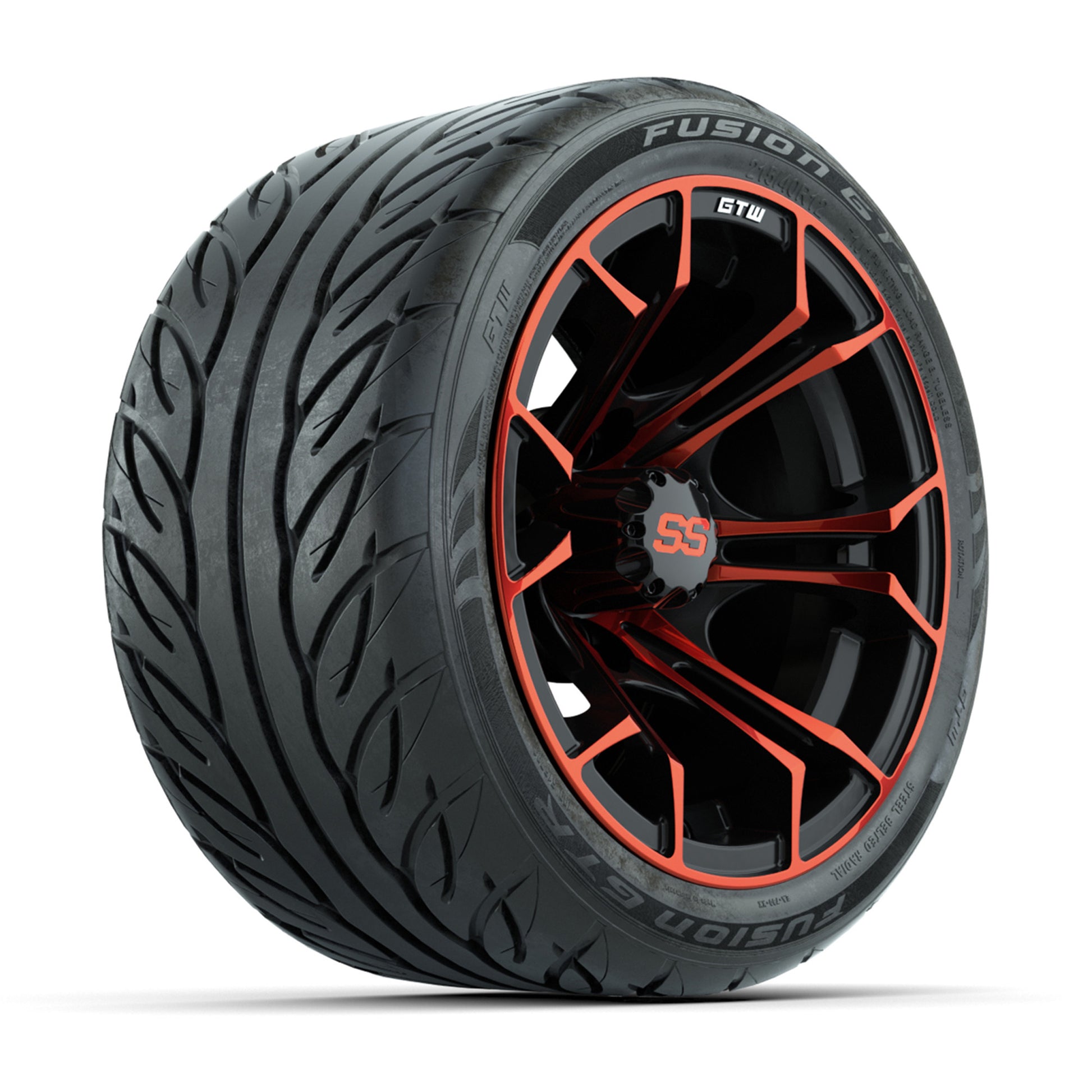 GTW® Spyder Black/Red 12 in Wheels with 215/40-R12 Fusion GTR Steel Belt Radial Street Tires – Full Set