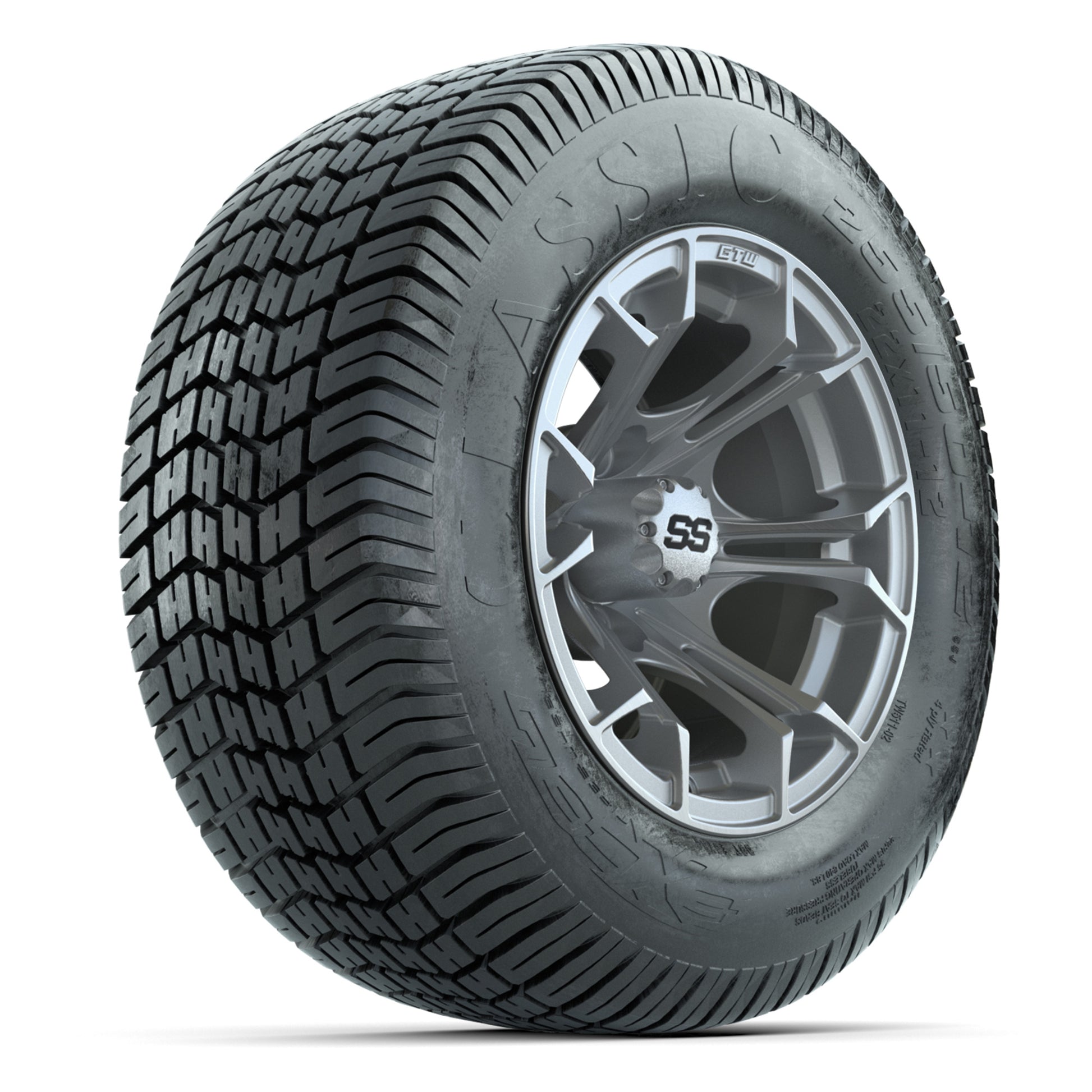 GTW® Spyder Silver Brush 12 in Wheels with 255/50-12 Excel Classic Street Tires – Full Set
