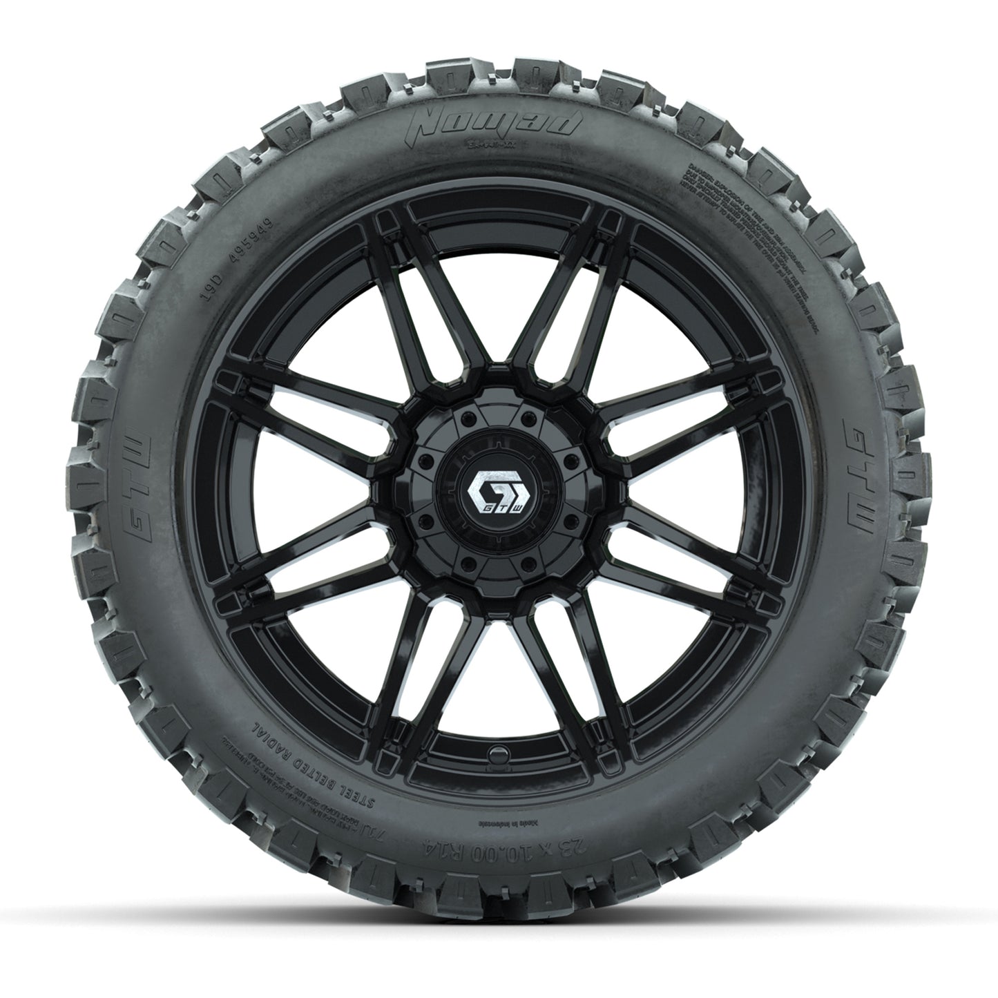 GTW® Stealth Black/Machined 14 in Wheels with 23X10-R14 Nomad Steel Belt Radial All-Terrain Tires – Full Set