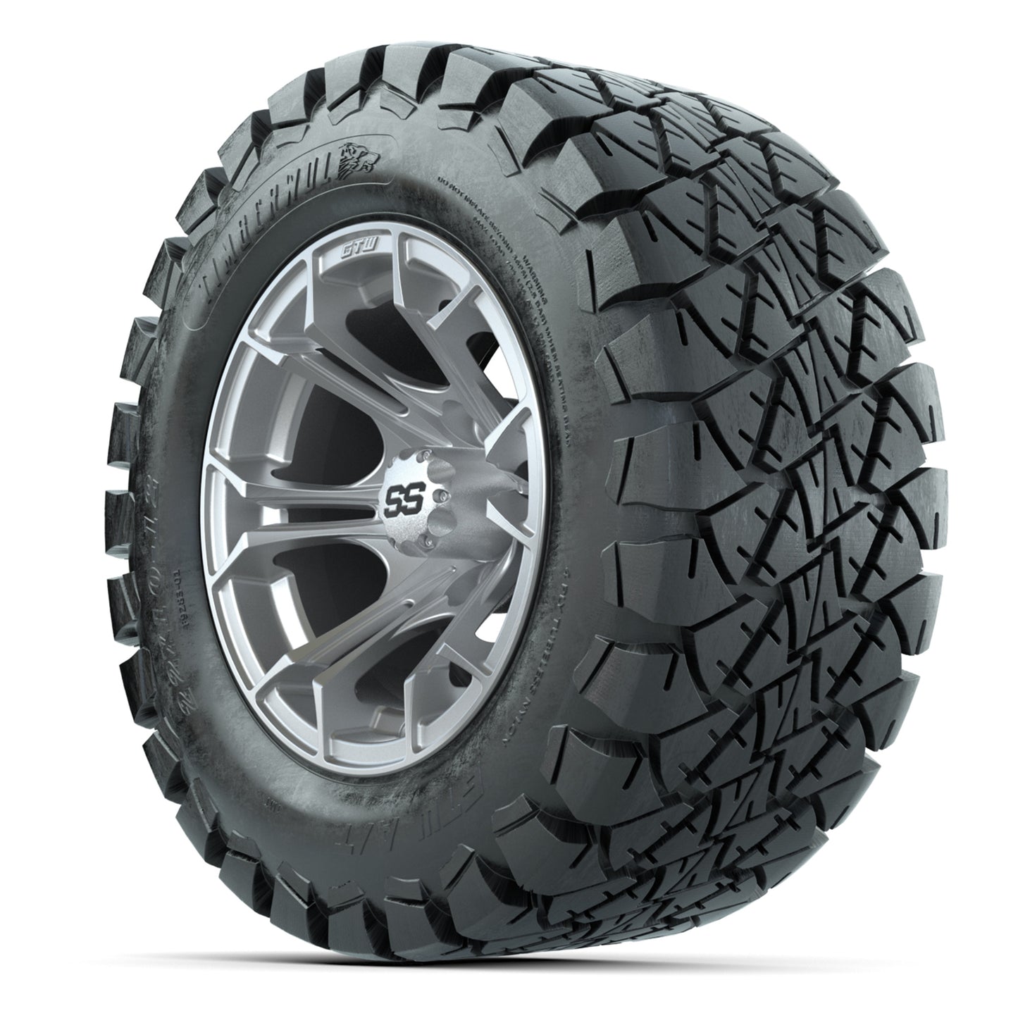 GTW® Spyder Silver Brush 12 in Wheels with 22X10-12 Timberwolf All-Terrain Tires – Full Set