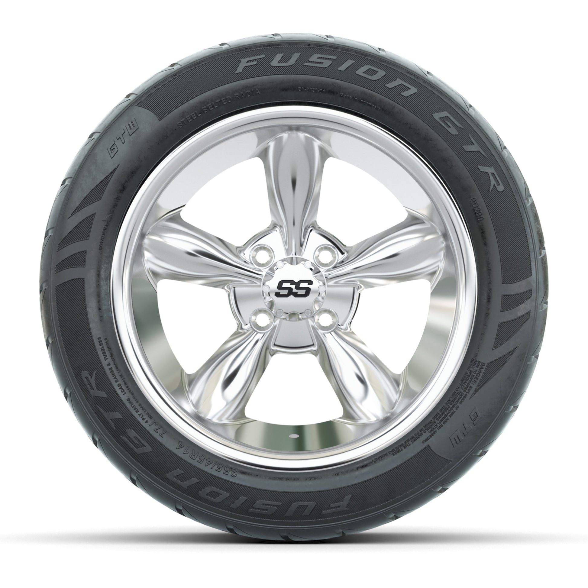 GTW® Godfather Chrome 14 in Wheels with 255/45-R14 Fusion GTR Steel Belt Radial Street Tires – Full Set