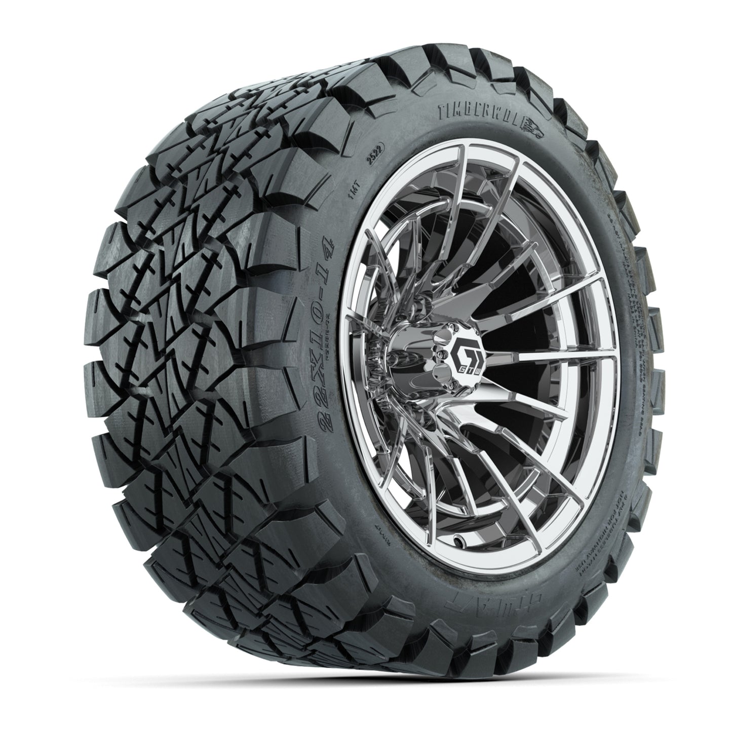 GTW® Boost Chrome 14 in Wheels with 22x10-14 Timberwolf All-Terrain Tires – Full Set