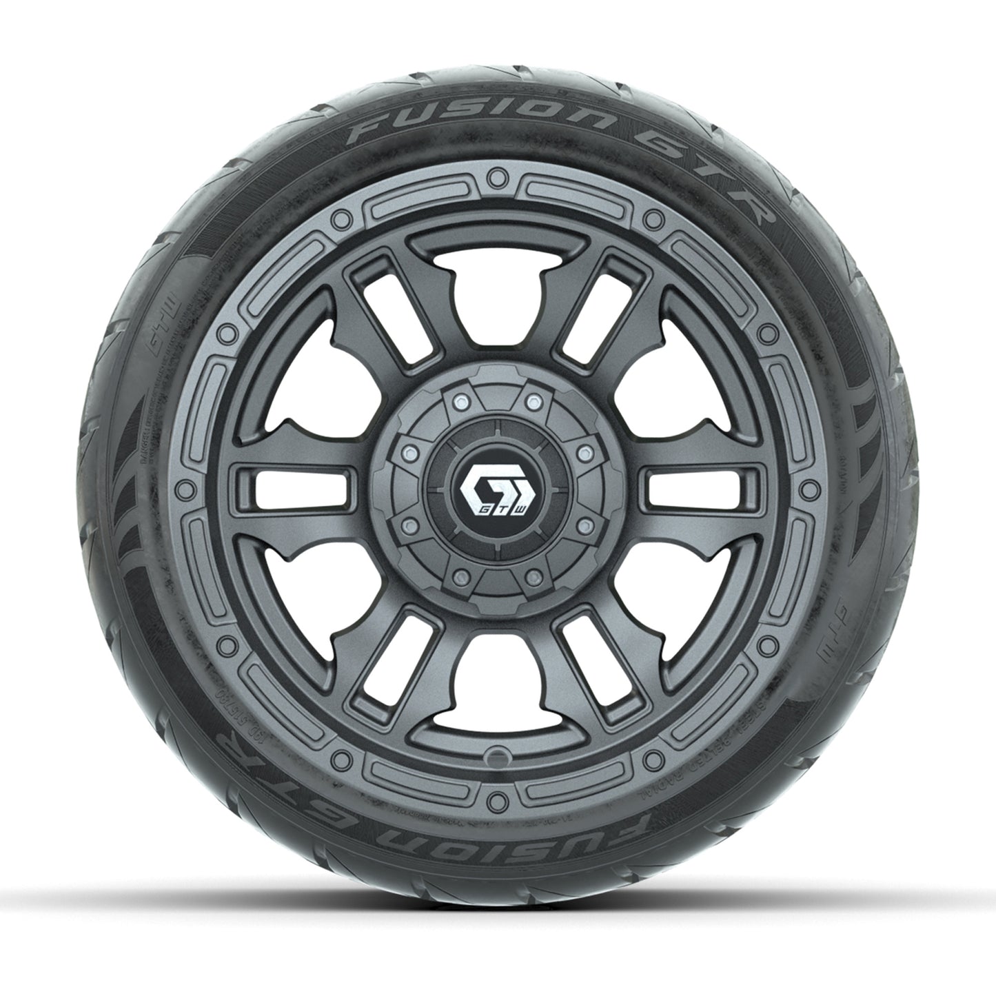 GTW® Shogun Gunmetal 12 in Wheels with 215/40-R12 Fusion GTR Steel Belt Radial Street Tires – Full Set