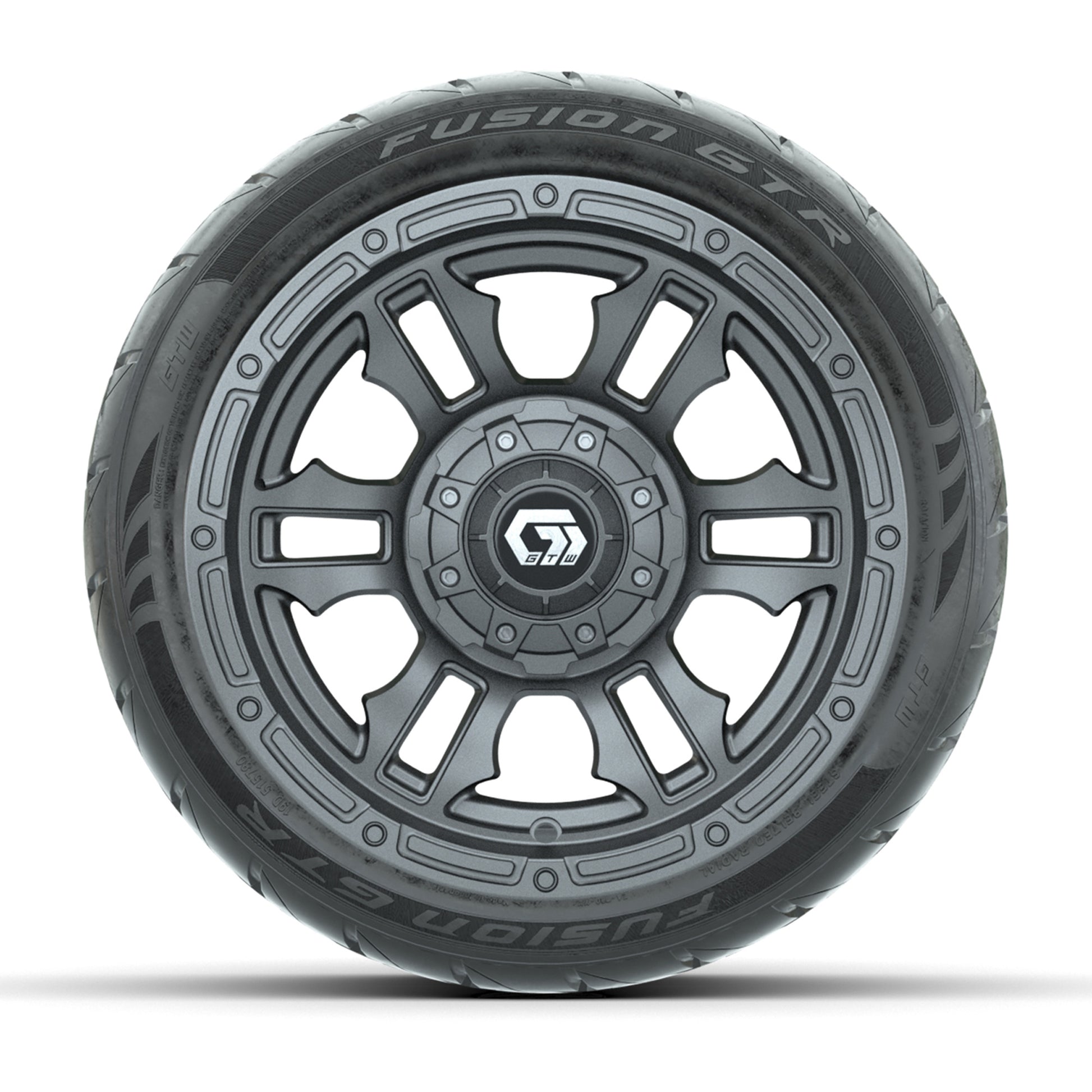 GTW® Shogun Gunmetal 12 in Wheels with 215/40-R12 Fusion GTR Steel Belt Radial Street Tires – Full Set