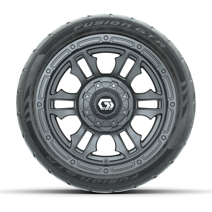 GTW® Shogun Gunmetal 12 in Wheels with 215/40-R12 Fusion GTR Steel Belt Radial Street Tires – Full Set