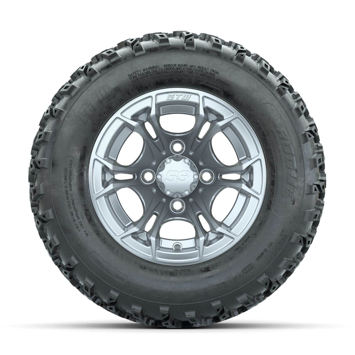 GTW Spyder Silver 12 in Wheels with 23x10.00-12 Rogue All Terrain Tires - Full Set