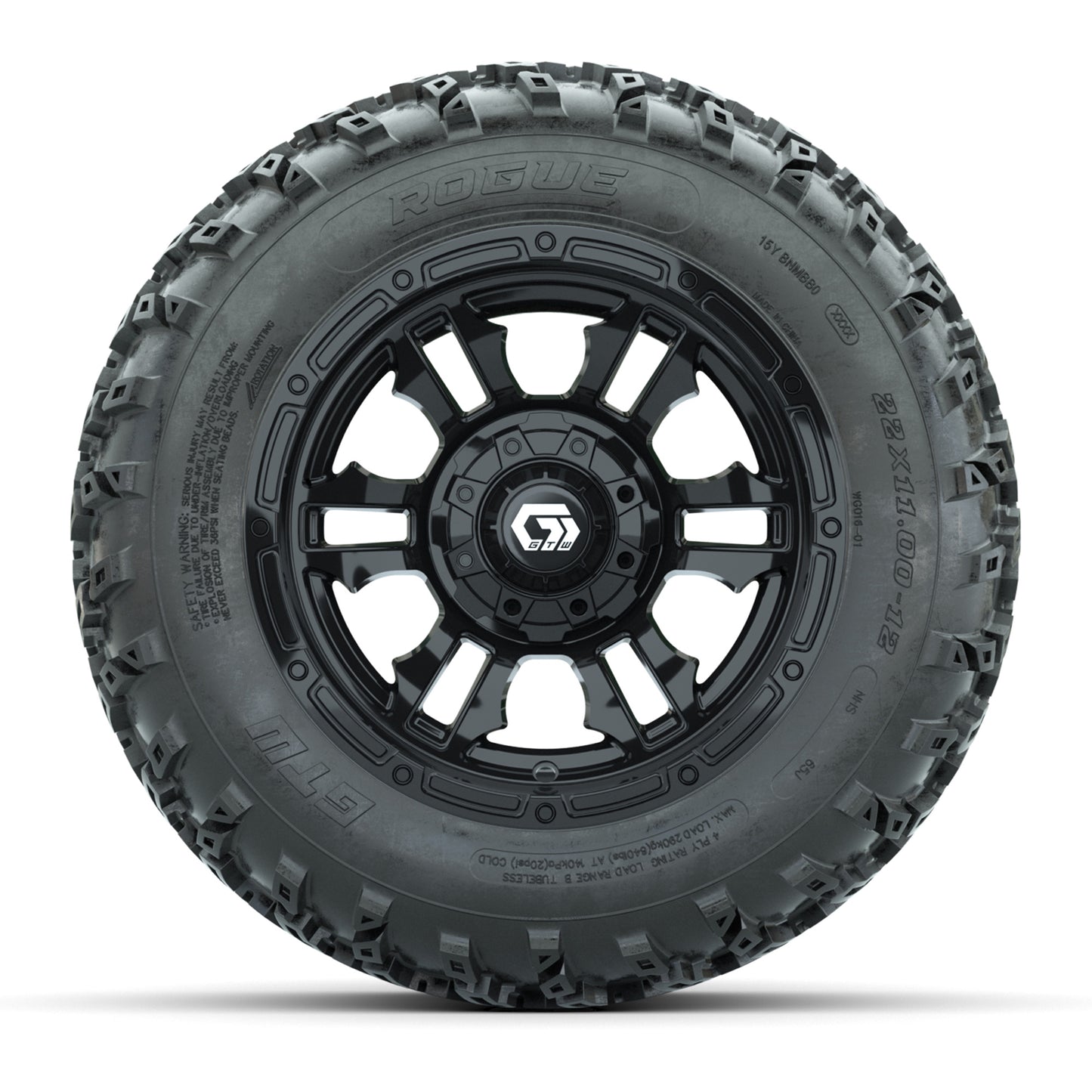 GTW® Shogun Gloss Black 12 in Wheels with 22x11.00-12 Rogue All-Terrain Tires – Full Set