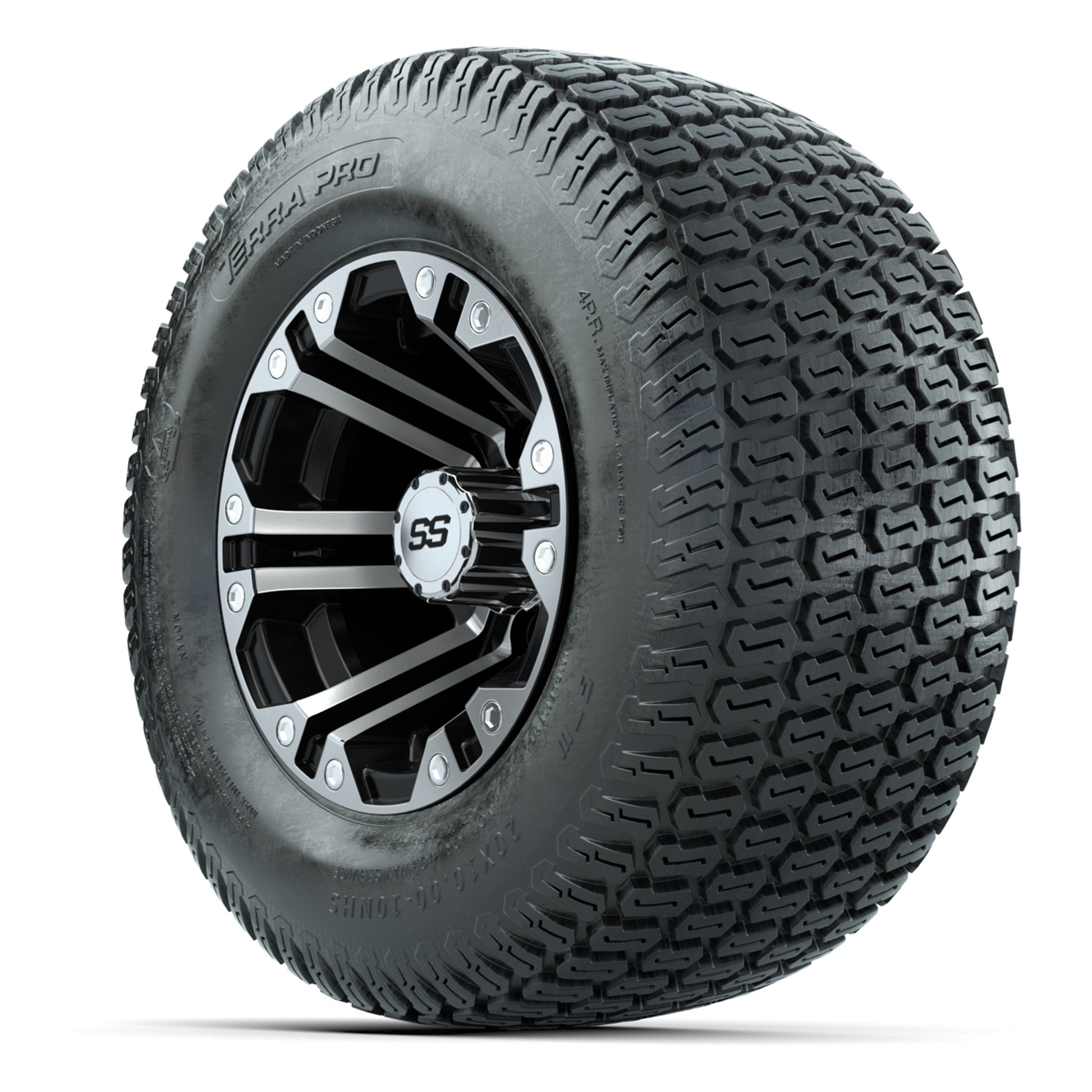 GTW Specter Black/Machined 10 in Wheels with 20x10-10 S-Pattern Terra Pro Street Tires – Full Set