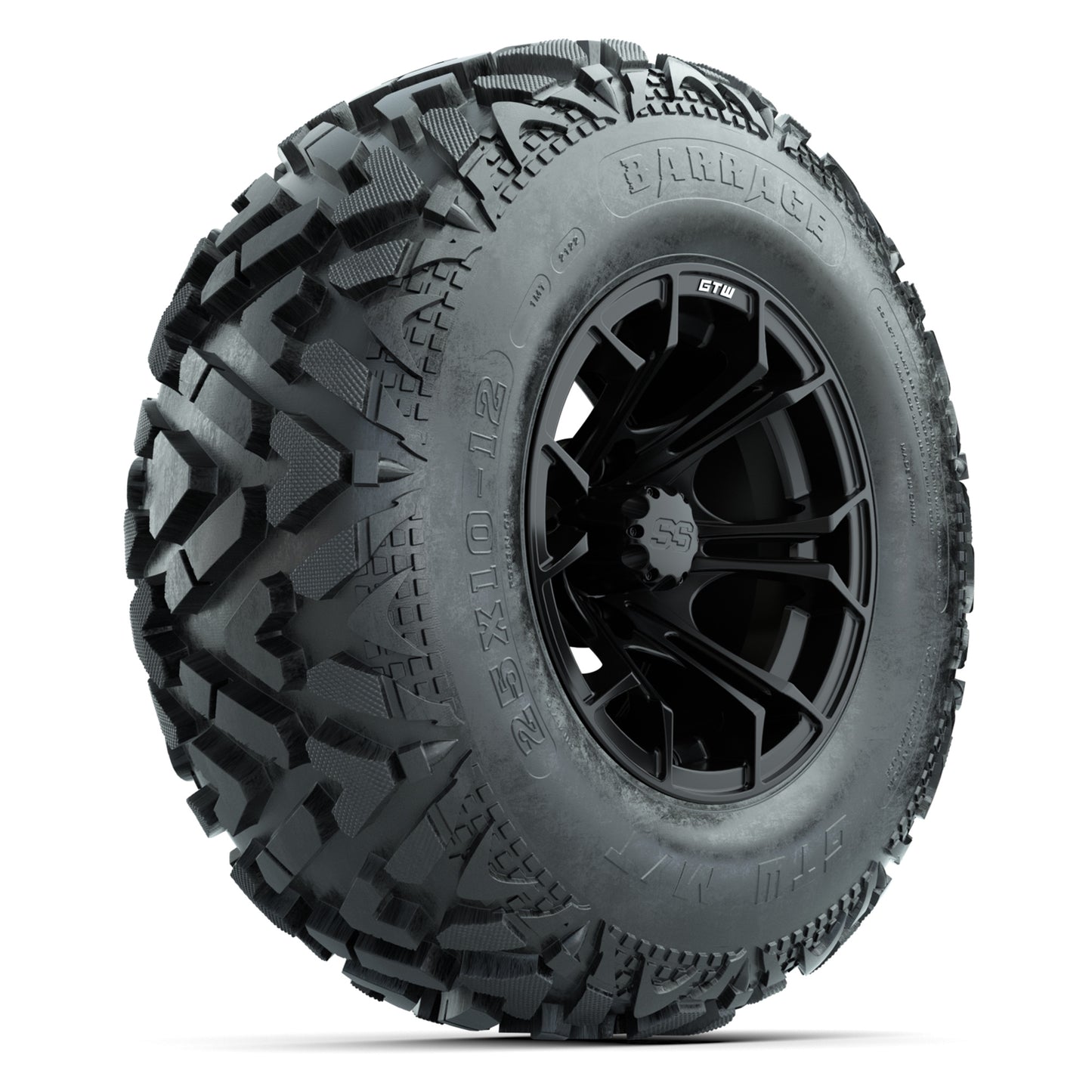GTW® Spyder Matte Black 12 in Wheels with 25X10-12 Barrage Mud Tires – Full Set