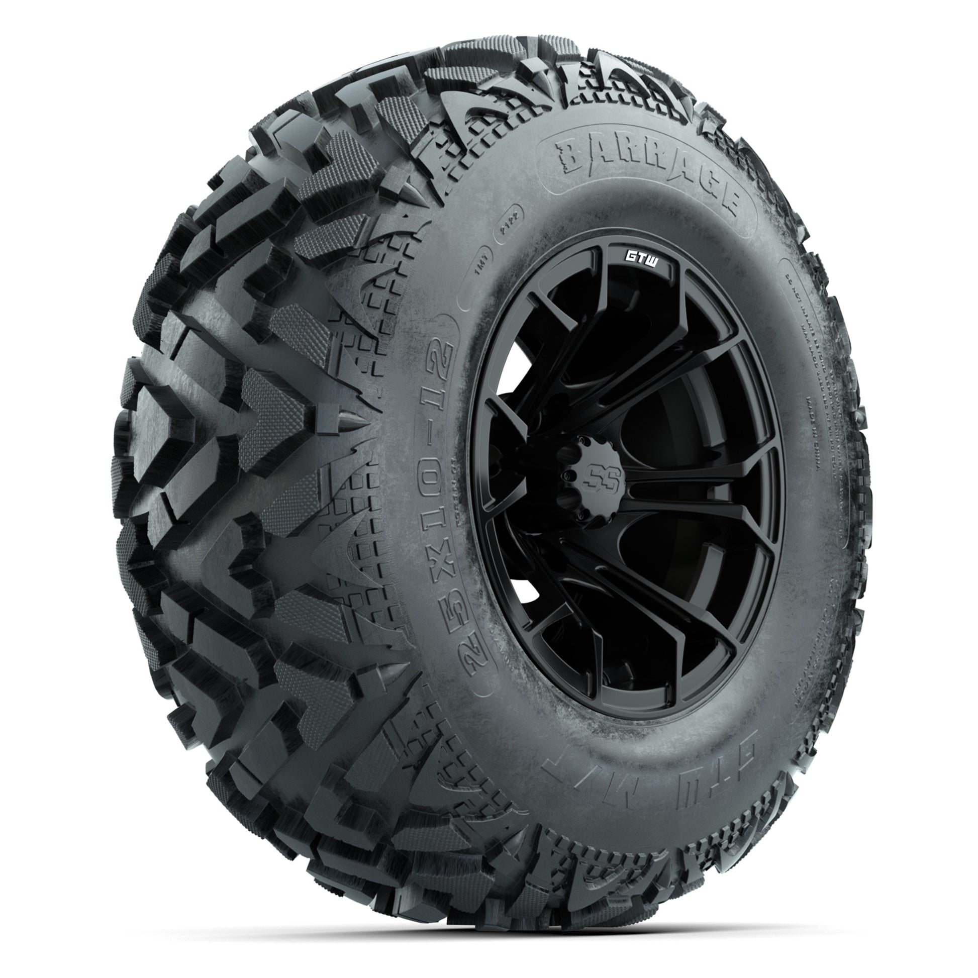 GTW® Spyder Matte Black 12 in Wheels with 25X10-12 Barrage Mud Tires – Full Set