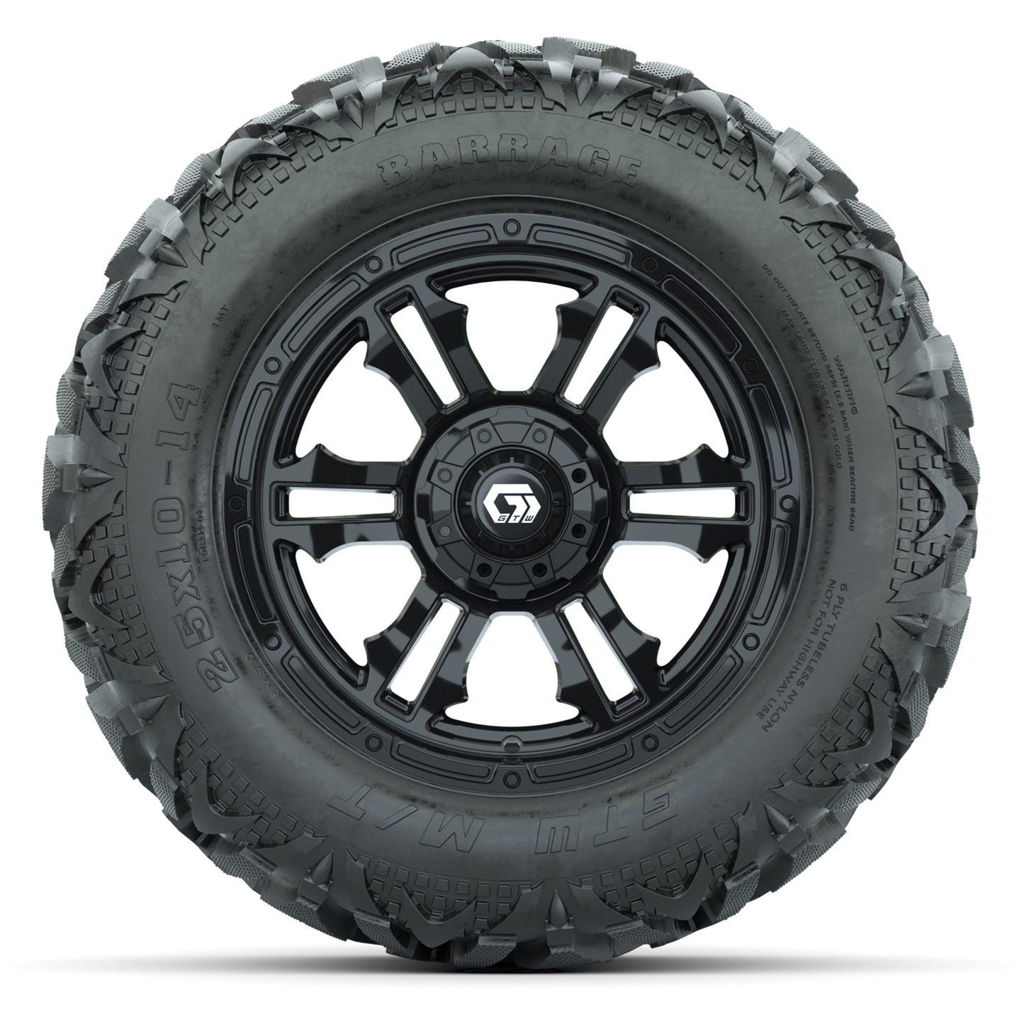 GTW Shogun Gloss Black 14 in Wheels with 25x10-14 Barrage Mud Tires – Full Set