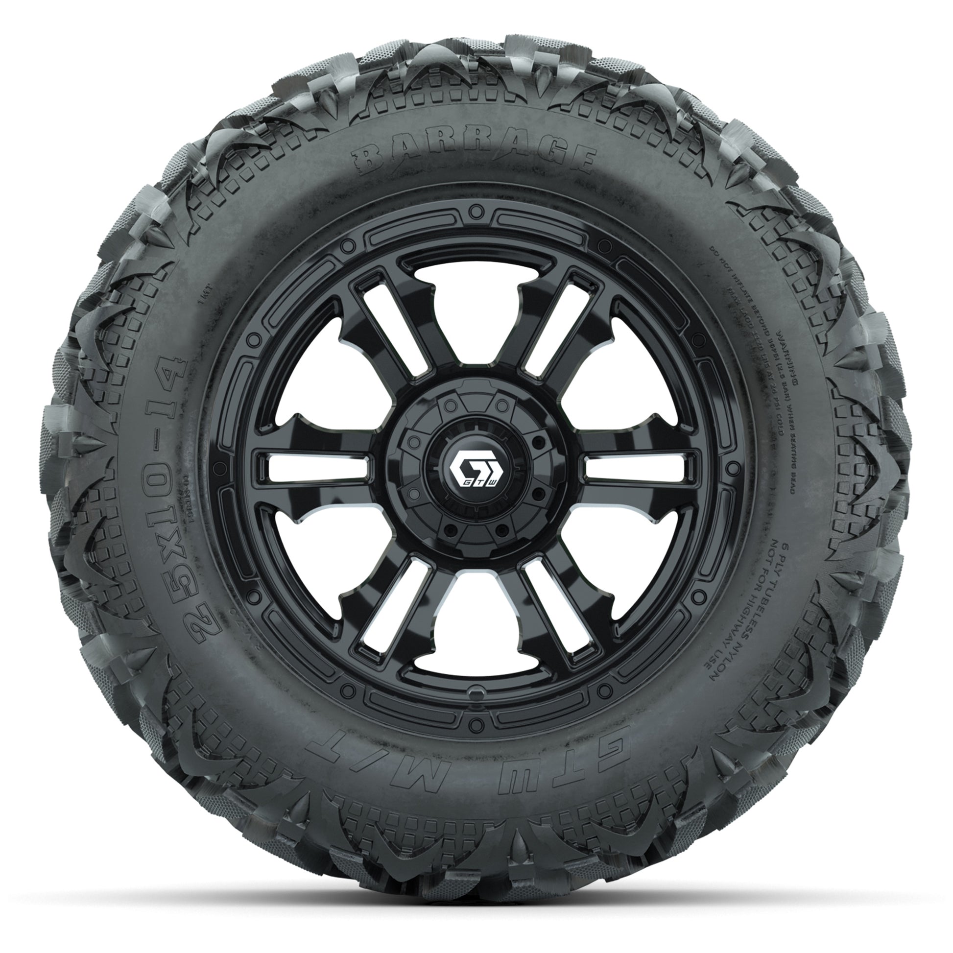 GTW Shogun Gloss Black 14 in Wheels with 25x10-14 Barrage Mud Tires – Full Set