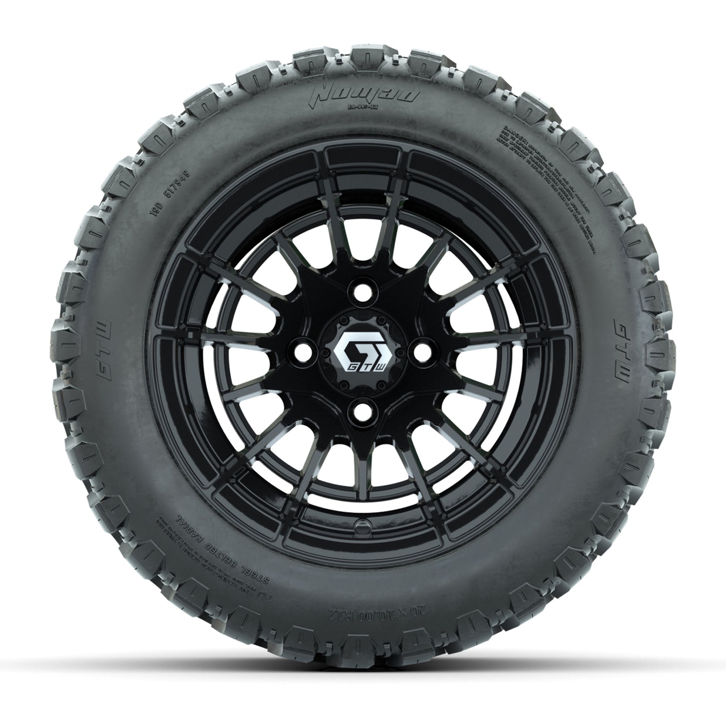 GTW® Boost Gloss Black 12 in Wheels with 20X10-12 Nomad Steel Belt Radial All-Terrain Tires – Full Set